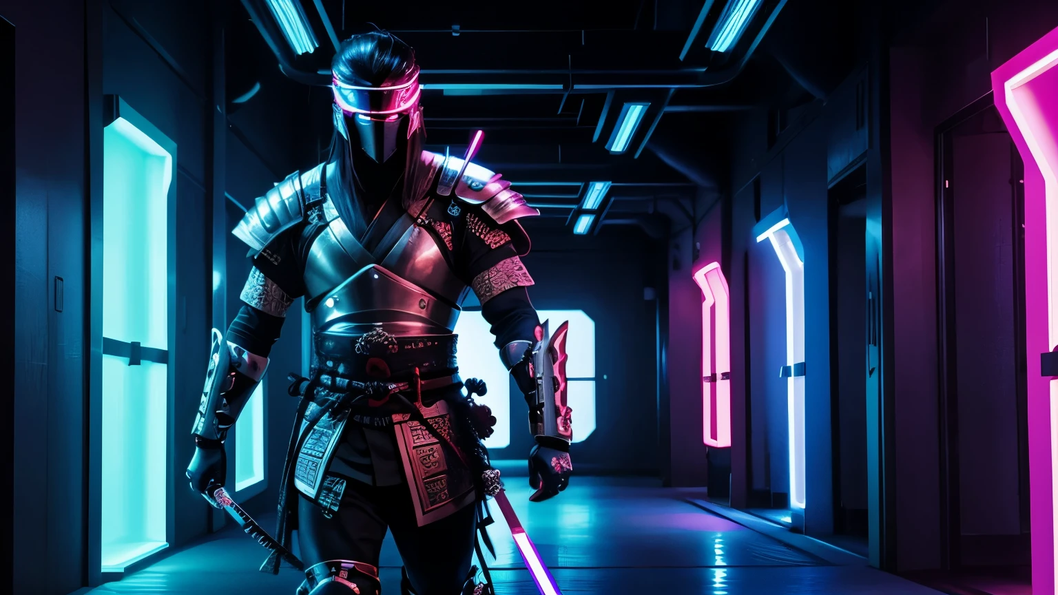 Futuristic Hallway Full Of Neon Lights leading to a asian gladiator arena. samurai walking in middle, holding samurai sword, katana, knives, half face covered mask, 4k