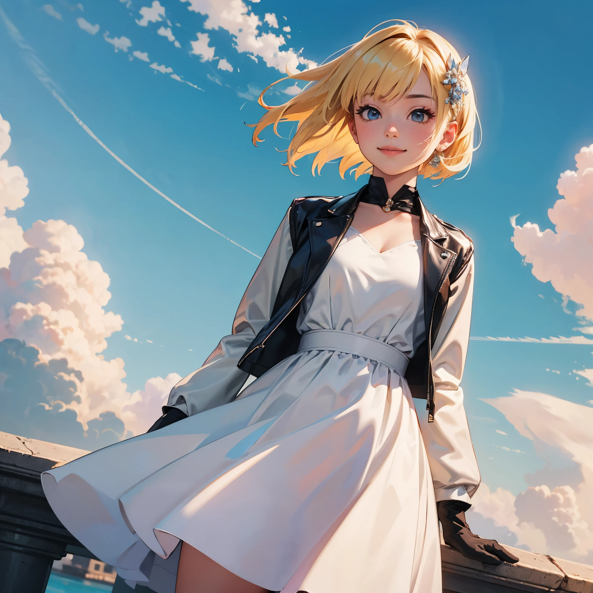 ((masterpiece,best quality)),1girl,solo, (((Chisato Nishikigi))), short hair, light yellow hair, solo, dress, detail eyes, looking at viewer, long sleeves, standing, white dress, gloves,hair ornament, black jacket, smile, floating hair, dutch angle, closed mouth, looking away, (center park),cloudy sky, blue sky, warm color,