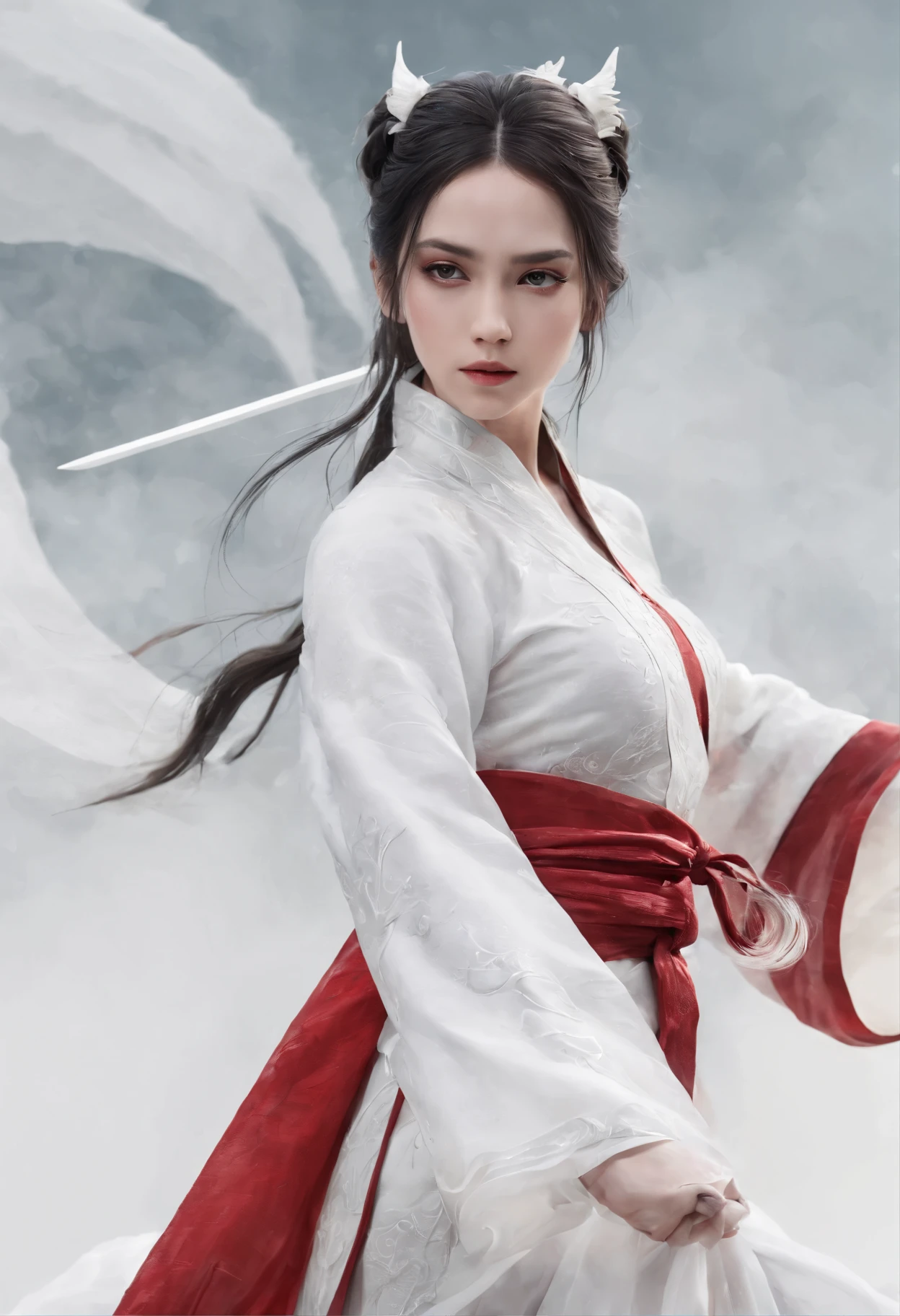 Close-up of a woman wearing a white dress and holding a sword, Portraits by Jan J, Trending on CGSociety, Fantasy art, Beautiful character drawings, artwork in the style of Gwaiz, Gwaiz, White Hanfu, Flowing white robes, Full body martial arts, Magnificent and elaborate character art, Amazing character art, beautiful female assassin  