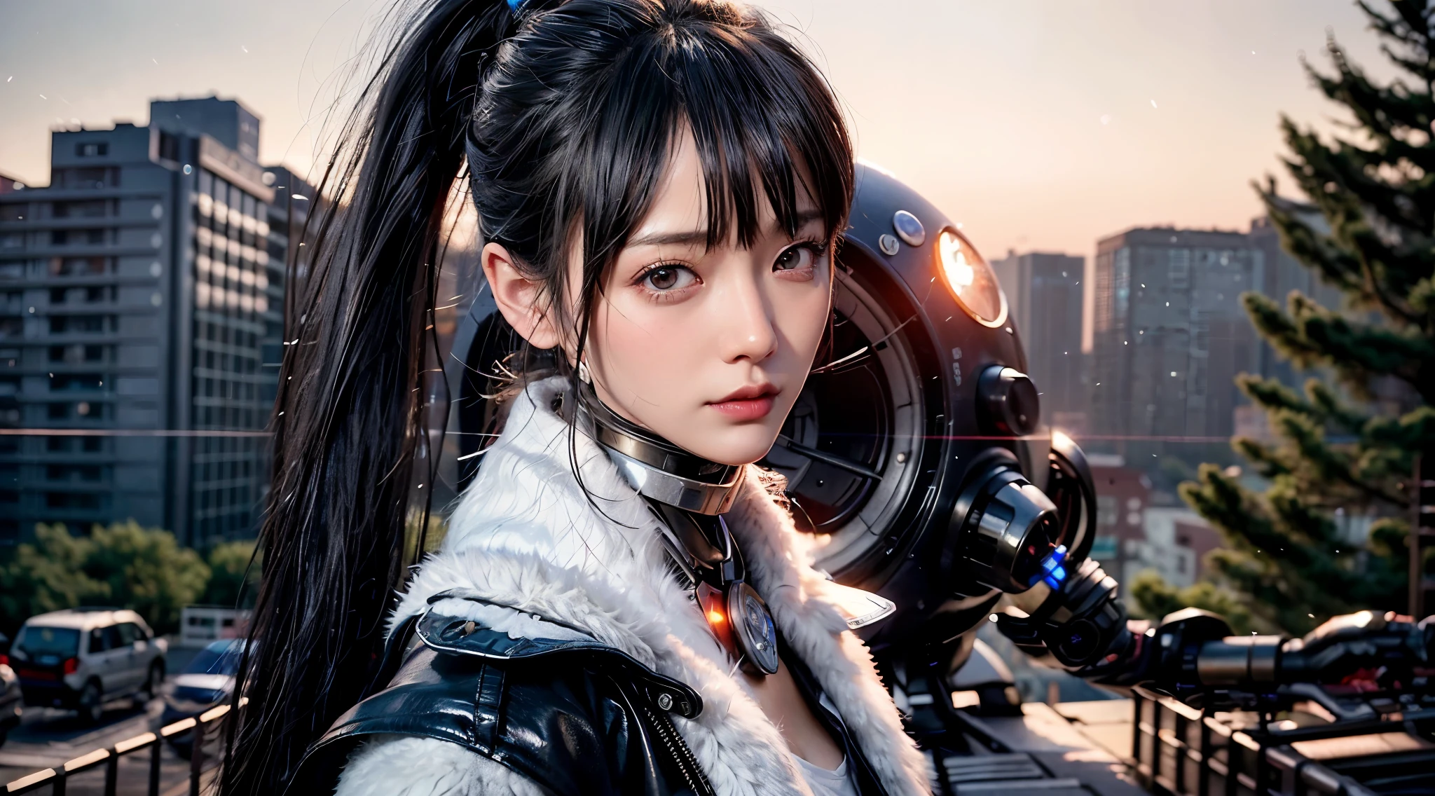 real live photo of Stellar Blade, japanese girl with ponytail, fur jacket. cybernetic accessories in a futuristic setting with a giant dead robot in the background, 8k portrait render, 8 k character details unreal 6 breathtaking detailed ( ( unreal engine ) ), unreal engine 5, masterpice. award winning cinematography. soft focus. highly detailed, intricate details.