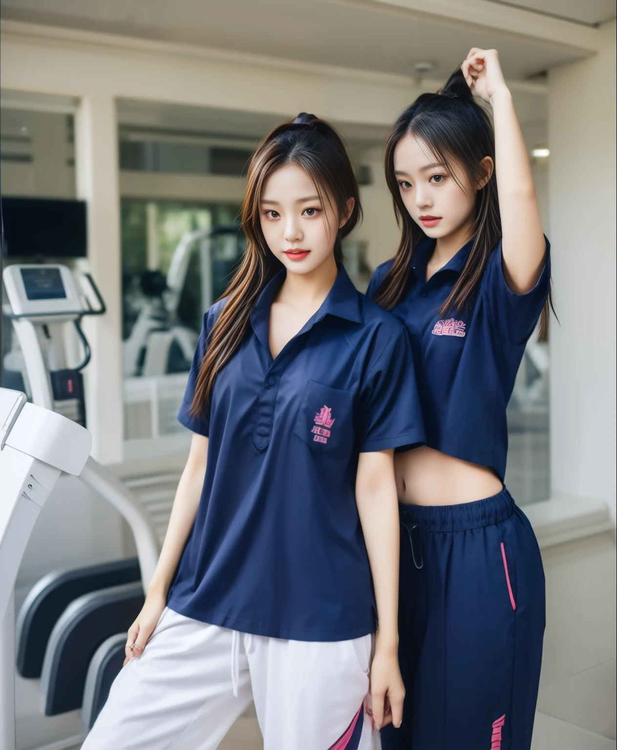 3 girls in fitness center, Navy blue short-sleeved shirt,Navy Long Trackpant,Sweatpants, Sweatpantsขายาว,25 year old girl, lesbian, sexy, exercise clothes, wet body, exercise clothes