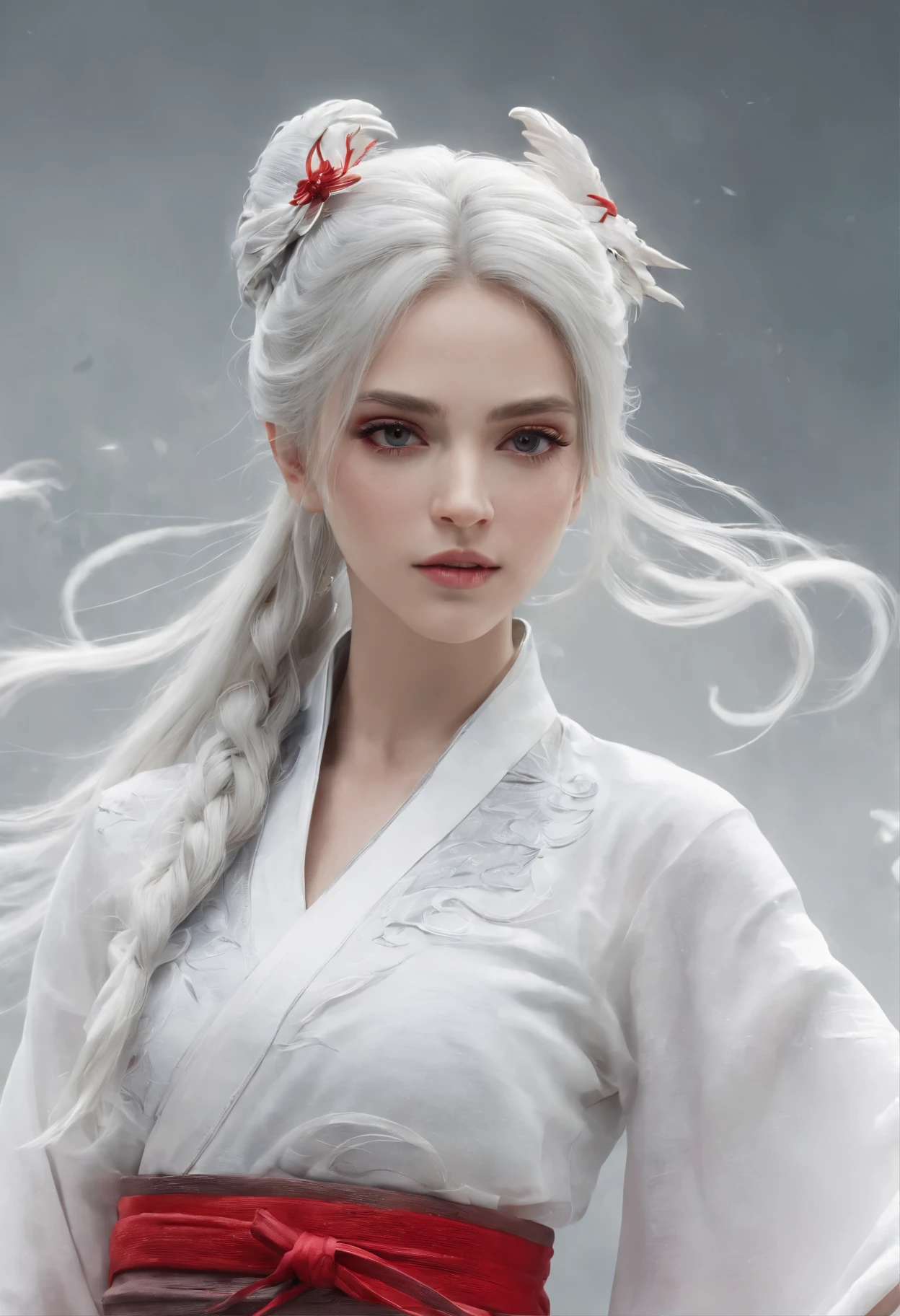 Cirilla Fiona Ellen Rhiannon，dynamic lighting，art station，poster，Volumetric lighting，Very detailed faces，4k wallpaper，He has a delicate and beautiful face，long flowing hair，ponytail，Fringed Hair Ornament，dynamic perspective，white hanfu，White gauze flying，red belt，Sexy，Chinese traditional ink painting，shrouded in mist，fog，Riding a white dragon，bow and arrow，Bailongjiao，dynamic perspective，light，