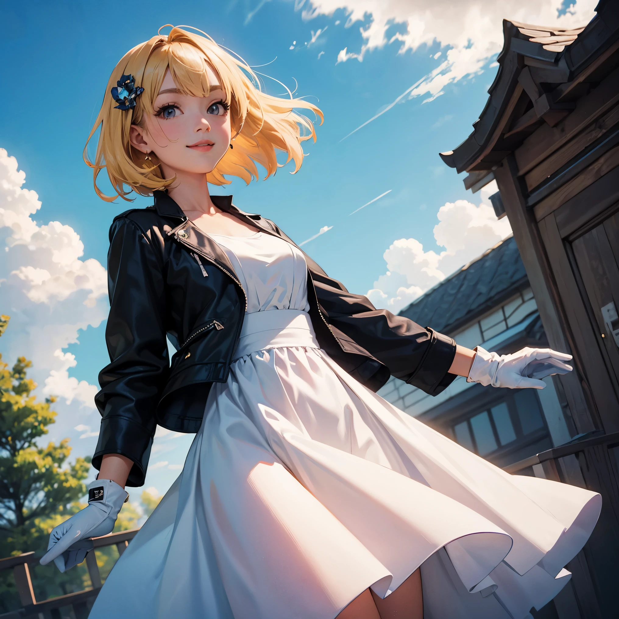 ((masterpiece,best quality)),1girl,solo, (((Chisato Nishikigi))), short hair, light yellow hair, solo, dress, detail eyes, looking at viewer, long sleeves, standing, white dress, gloves,hair ornament, black jacket, smile, floating hair, dutch angle, closed mouth, looking away, (center park),cloudy sky, blue sky, warm color,