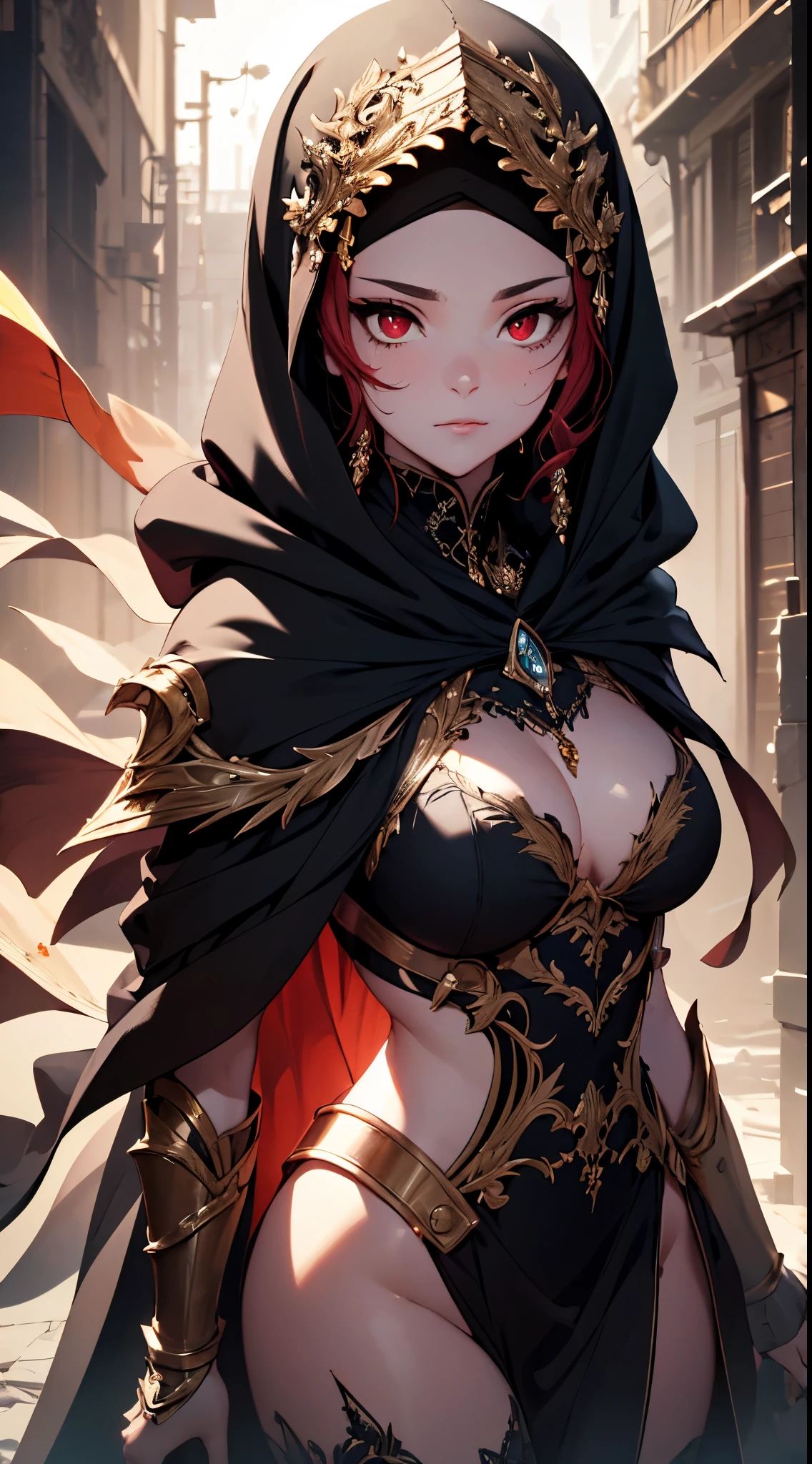 master piece, bokeh, best quality, photorealistic, ultra high resolution, 1 mature female, ultra detailed closeup portrait,

desert queen, (black hijab, black cloak:1.2), black dress, dragon bone armor, intricate silver embroidery,

beautiful red eyes, (ultra detailed armpit:1.2), sweaty armpit, glossy skin, gorgeous,

intricate grey background, strong back lighting, volumetric lighting, soft lighting