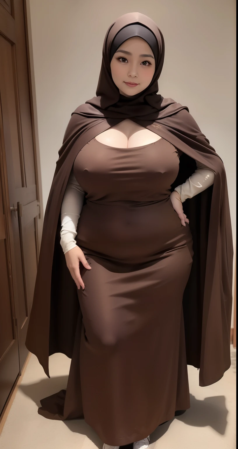 woman in brown dress and hijab random pose in the dark rooms, wearing brown clothes and cape, hijab outfit, with a long brown cape, hijab fashion model, plus size, plus size woman, wearing brown robe, woman in brown robes, beautiful burqa's woman, thicc, brown outfit,, wearing a brown robe, brown , with cape, bbwchan, large cleavage, very large cleavage, massive cleavage , wearing a sneakers, 35 years old woman, asian women