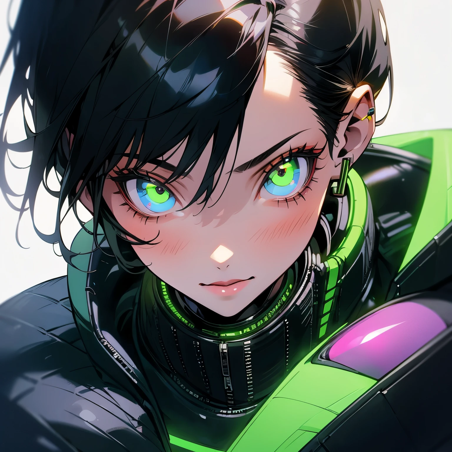 Cyberpunk girl face implants black hair green eyese 80s style