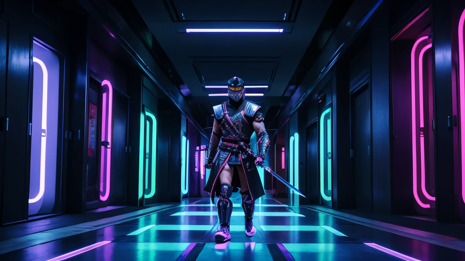 Futuristic Hallway Full Of Neon Lights leading to a asian gladiator arena. samurai walking in middle, holding samurai sword, katana, knives, half face covered mask, 4k
