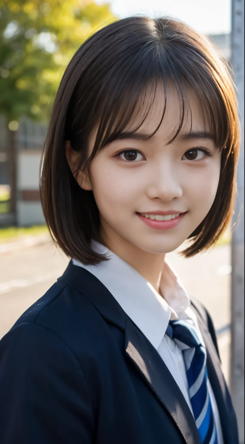 (highest quality,8K quality,masterpiece:1.3),(Super high resolution,Photoreal:1.4,Raw photo),(super detailed,caustics,detailed background),(ultra-realistic capture,Beautifully detailed skin,perfect anatomy),at dusk,sunset sky,school building,schoolyard,18-year-old,cute,single eyelid,black short bob,School Blazer Uniform,look at the camera,laughter,bust up shot,natural soft light