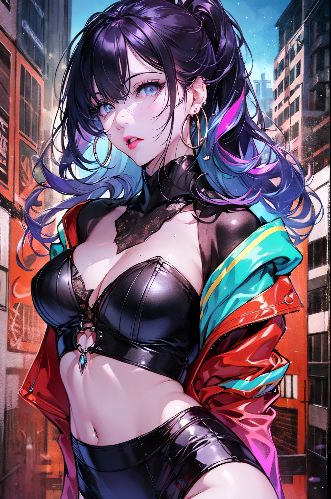 hair above one eye, red eyes, clear eyes, choker, Neon Shirt, torn legwear, open jacket, towards the wall, brick wall, graffiti, shineing grafiti, shineing tattoos, shine, neon light, Black light,anime style, movieポートレート写真, 1 female, 22 years ago, Full body Esbian,Blue eyes background, big and full breasts, anger, (scarlet colored hair), long hair, purple eyes, wearing a short black dress, (natural skin texture vivid details, surreal, (realistic detailed eyes, natural skin texture, realistic facial details), soft and dramatic lighting, Depth of written boundary, Bokeh, vivid details, surreal, 35mm movie, hazy blur, movie,lipstick, ear piercing, eye shadow, hoop earrings, Red-pink lips, 多色のred eyes, purple theme,Wear an iridescent aura,beautiful eyes,stand in front of the red gate、shrine,Jingumae,bold pose、decide on a pose,upper ponytail,Hanging bangs