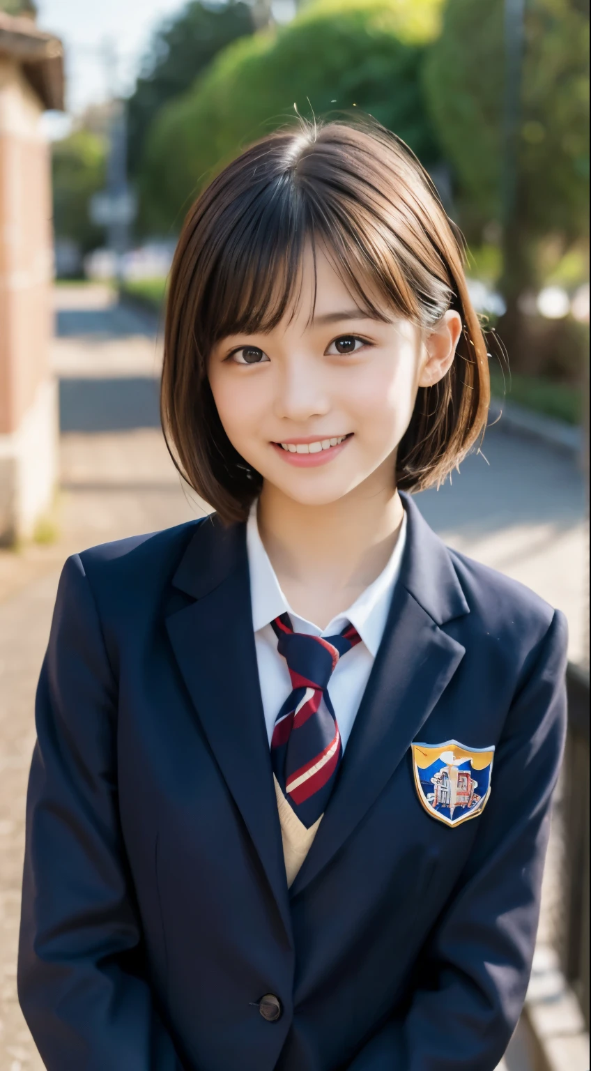 (highest quality,8K quality,masterpiece:1.3),(Super high resolution,Photoreal:1.4,Raw photo),(super detailed,caustics,detailed background),(ultra-realistic capture,Beautifully detailed skin,perfect anatomy),at dusk,sunset sky,school building,schoolyard,18-year-old,cute,single eyelid,black short bob,School Blazer Uniform,look at the camera,laughter,bust up shot,natural soft light