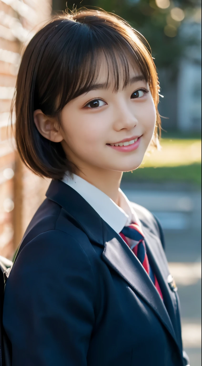 (highest quality,8K quality,masterpiece:1.3),(Super high resolution,Photoreal:1.4,Raw photo),(super detailed,caustics,detailed background),(ultra-realistic capture,Beautifully detailed skin,perfect anatomy),at dusk,sunset sky,school building,schoolyard,18-year-old,cute,single eyelid,black short bob,School Blazer Uniform,look at the camera,laughter,bust up shot,natural soft light