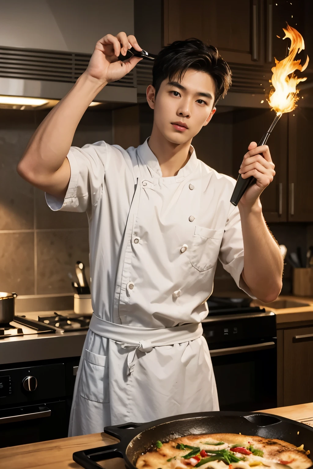 A tall, handsome man stands in the kitchen, holding a frying pan and skillfully stir-frying the ingredients. Suddenly, a dancing flame rises from the pan, forming a magnificent rotation, then gracefully returns to the pan.,in the style of the stars art group xing xing, 32k, best quality, masterpiece, super detail, high details,