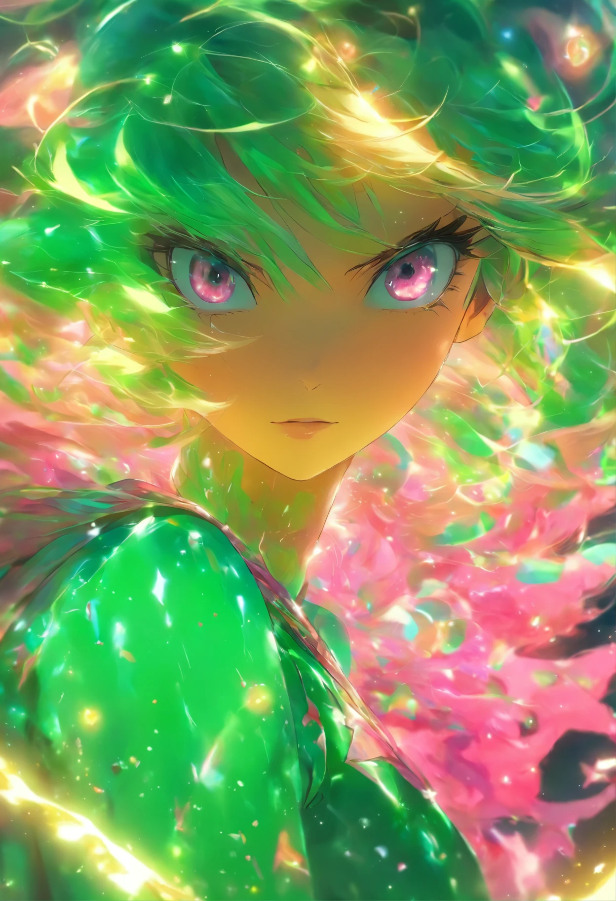 escorzo, Profundidad de campo, Pieza maestra, La mejor calidad, 22yo girl, cabello rosado, ojos de color verde azulado, cabelos medios, Flotante,Rayos rosados, solo, Mirando al espectador,vestido rosa, Volador, luz solar tenue,