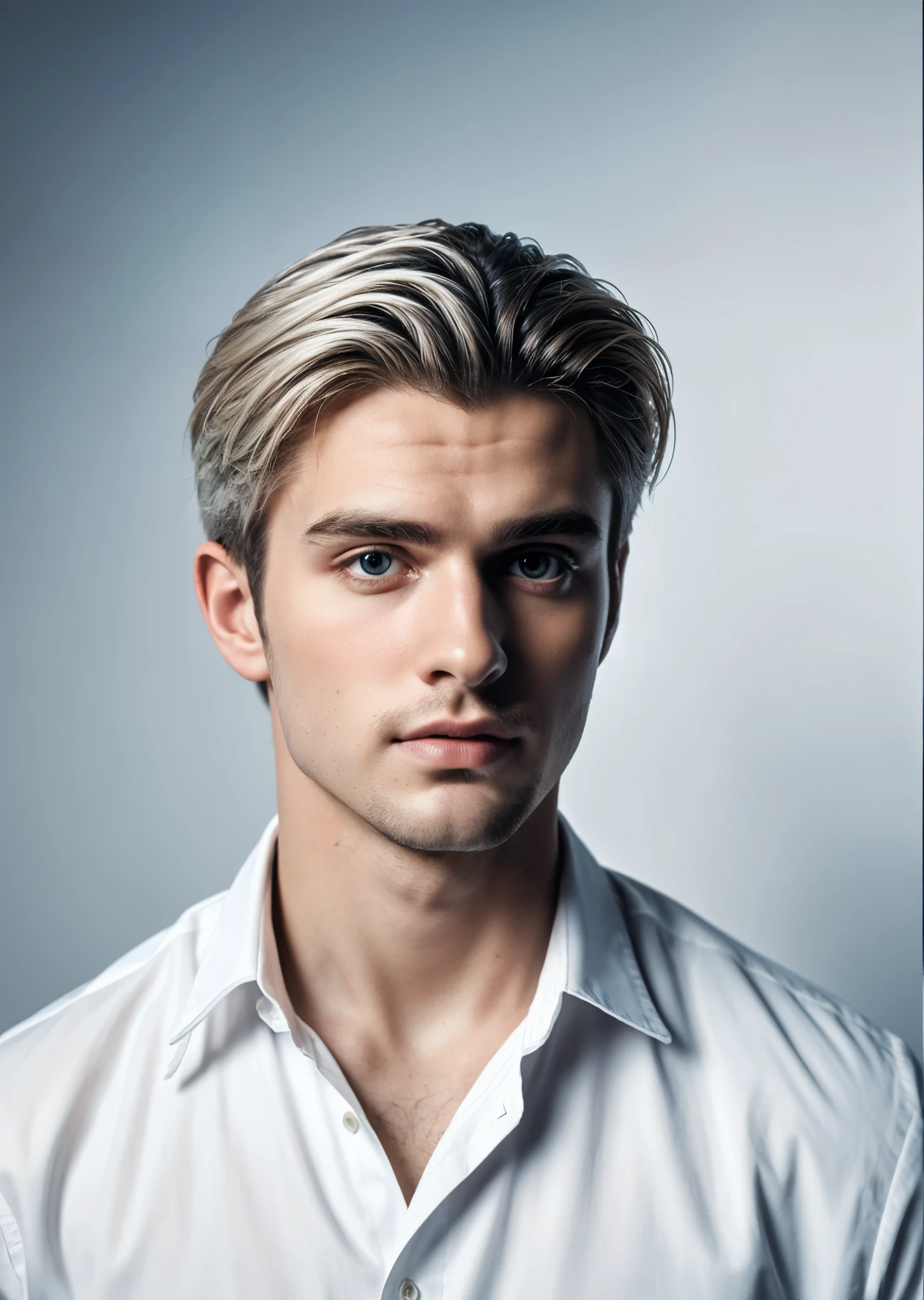 （In reality， high resolution：1.3, masterpiece, 8K, best quality, ultra detailed, studio shoot, photo realistic:1.4, photography ）,
20 years old European man, very handsome, Photoshoot set, strong lighting, white hair, (((Pose as an expert model)))