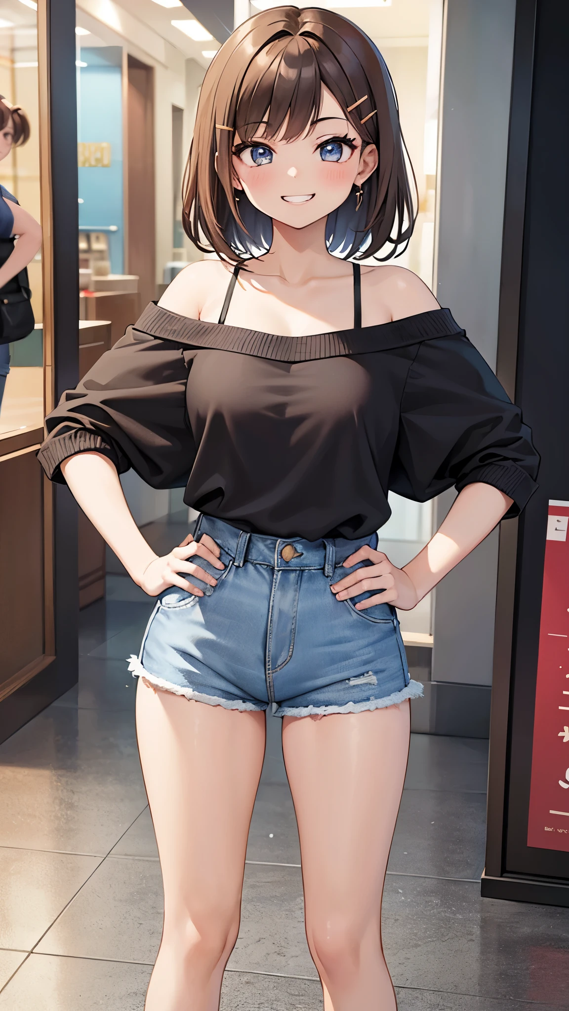 masterpiece , best quality,high resolution,1girls,solo,(short hiar),brown hair,tall,glamorous,hairclip,
denim shorts,black off shoulder,put hands on hips,
,((grin))
shopping mall