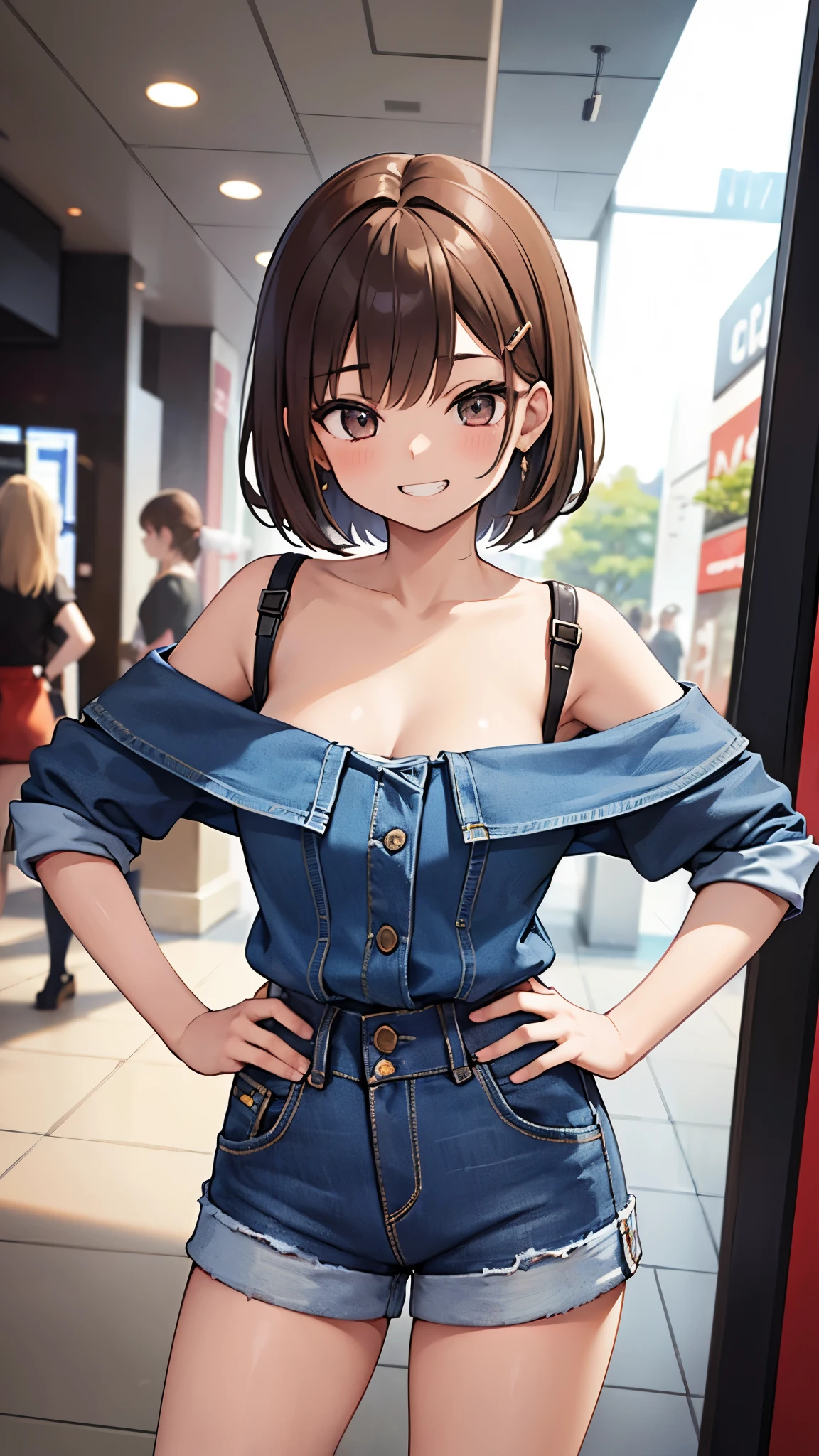 masterpiece , best quality,high resolution,1girls,solo,(short hiar),brown hair,tall,glamorous,hairclip,

denim shorts,black off shoulder,put hands on hips,

,((grin))

shopping mall
