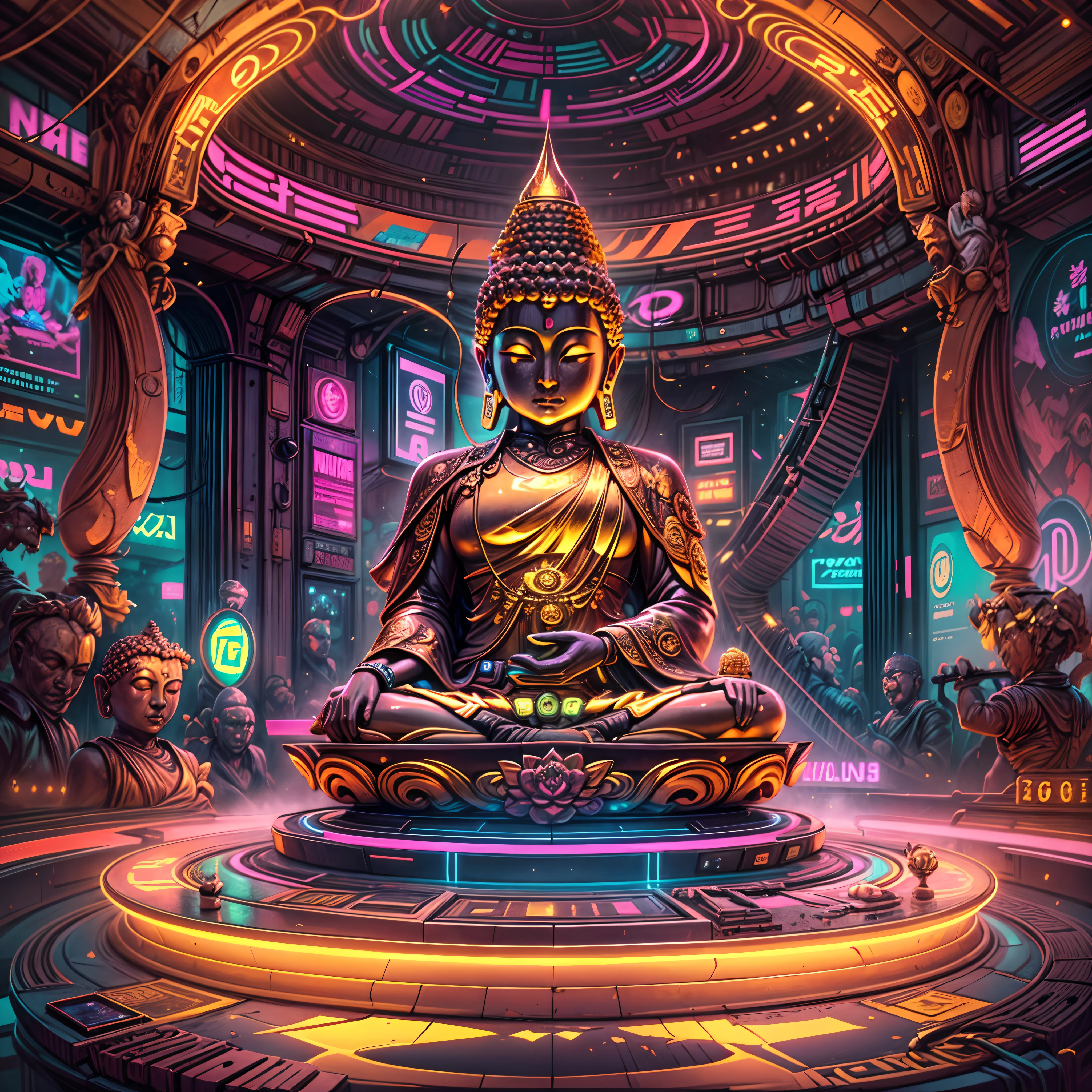 very detailed, Futuristic scene with vibrant color palette and neon lights. The focus of the scene is the magnificent golden Buddha statue, Unleash a sense of peace and tranquility. The statue is made of pure gold.、Shines brightly, Reflects ambient neon lights. The surrounding environment is filled with futuristic elements, Sophisticated buildings, etc., flying car, and holographic advertising. The colors of the scene are intense and vivid, Incorporate shades of blue, purple, pink, and green. Neon lights illuminate the surroundings, Surreal, vibrant and glowing. The overall atmosphere is awe-inspiring、Gentle, Combining the traditional beauty of the Golden Buddha with the cutting-edge aesthetics of the future. Everything in the scene is very detailed and realistic, All the intricate features of the Buddha image are perfectly captured. Lighting is、Highlight the beauty of the statue、Carefully designed to create an enchanting atmosphere.