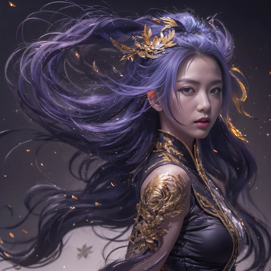 32k(masterpiece,HD,超HD,32k)Bright purple flowing hair,autumn pond,we disagree, a color, Asian (Michiko), (silk scarf), fighting stance, looking at the ground, long white hair, Floating bright purple, Fire cloud gold headdress, Chinese long-sleeved gold silk garment, (Abstract ink splash:1.2), Black smoke background,lotus(realistically:1.4),Bright purple hair,Smoke on the road,The background is very pure, high resolution, detail, original photo, Sharp Re, Nikon D850 film photo by Jefferies Lee 4 Kodak Portra 400 camera F1.6 guns, rich and colorful, Super real、Vivid textures, dramatic lighting, Unreal Engine Art Station Trend, Silicon Nest 800,Bright purple flowing hair