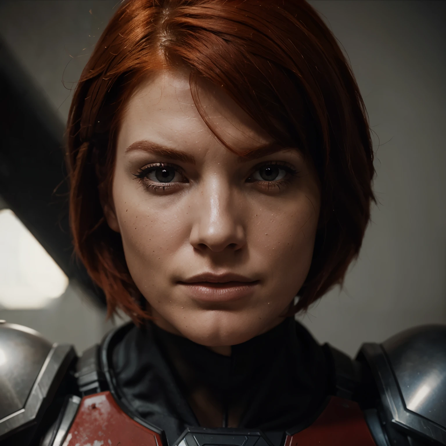 Red head femshep, damaged armor, up close portrait