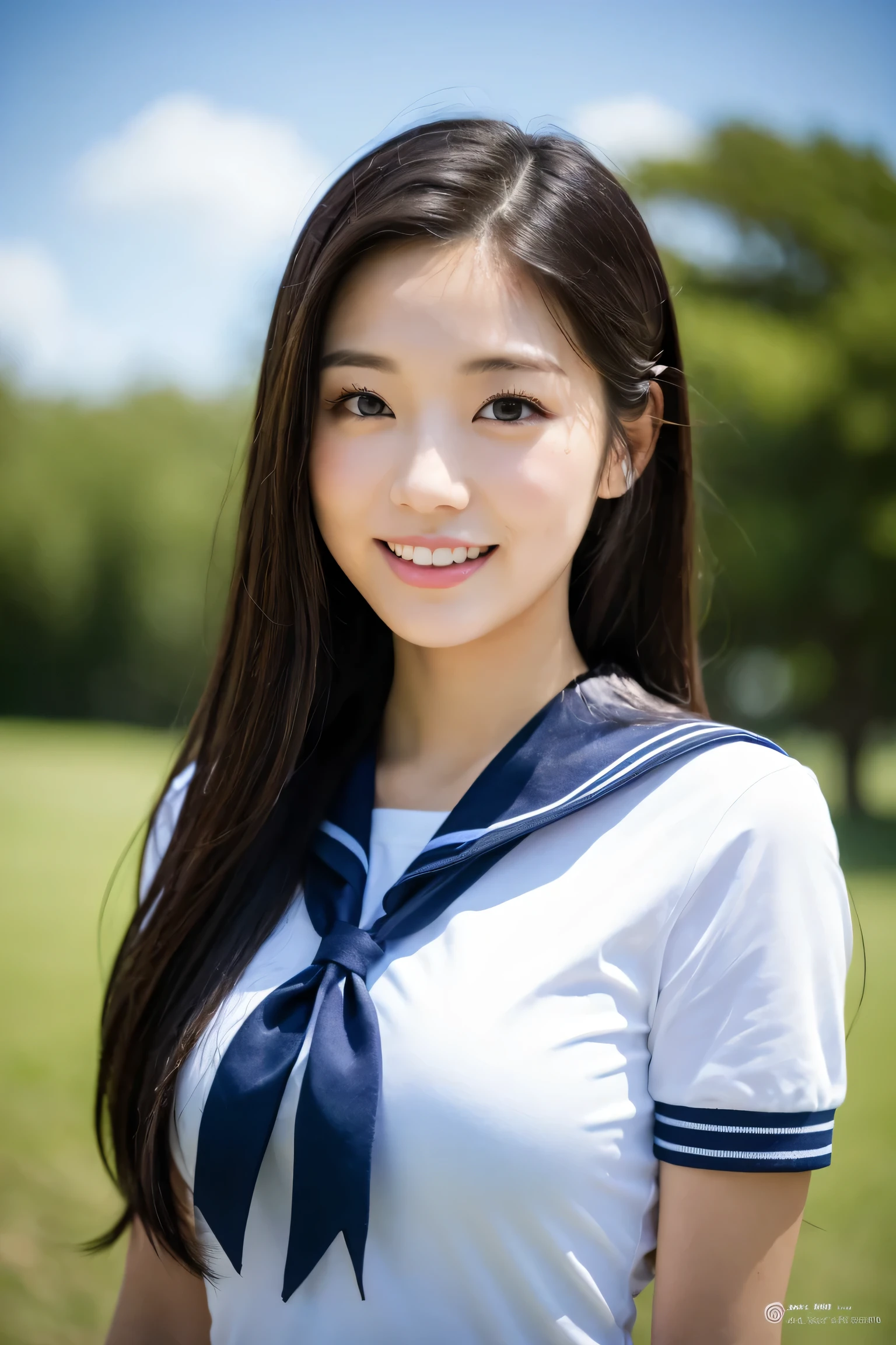 (8K, highest quality, masterpiece:1.2), (realistic, photo-realistic:1.37), ultra-be familiar with, Japan idol girl, cute lively girl, alone, daytime, beautiful be familiar with sky, be familiar with, garden, sitting, date,(smile:1.15), (closed mouth), Rage breasted, He wears a white sailor uniform with a ribbon tie., beautiful be familiar with eyes, ponytail floating hair , full body photo