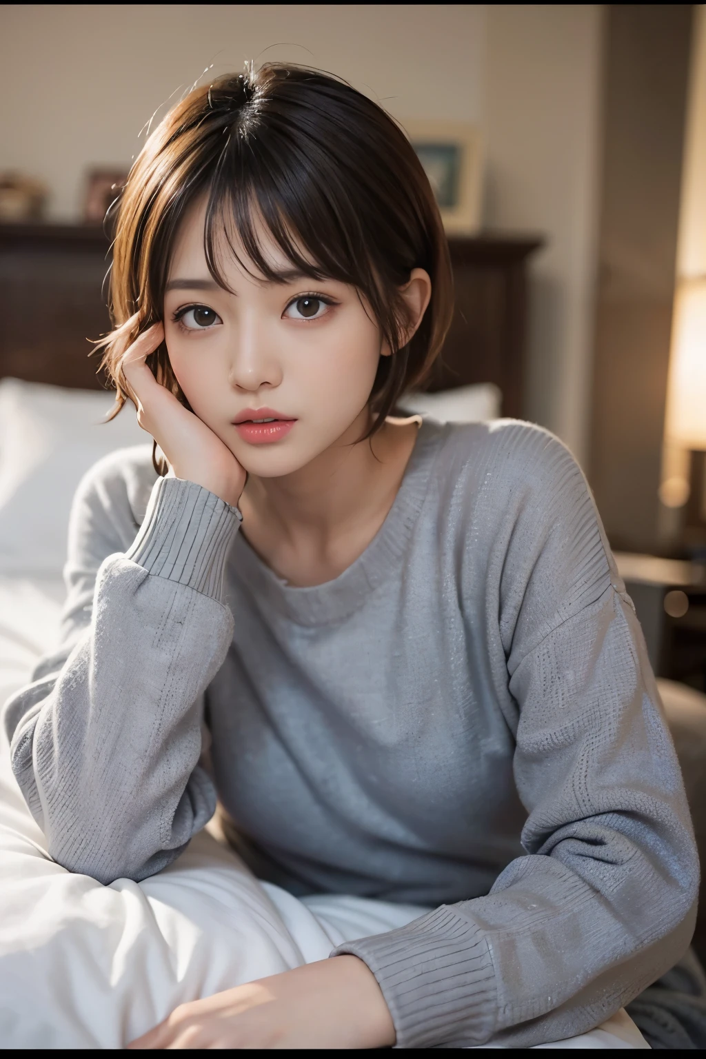 cute 21 year old japanese、night、on the bed、sweat pajamas、Cute colorful pajamas、super detailed face、eye for details、double eyelid、beautiful thin nose、sharp focus:1.2、beauty:1.4、(light brown hair、short cut hair、white skin、highest quality、masterpiece、ultra high resolution、(Photoreal:1.4)、