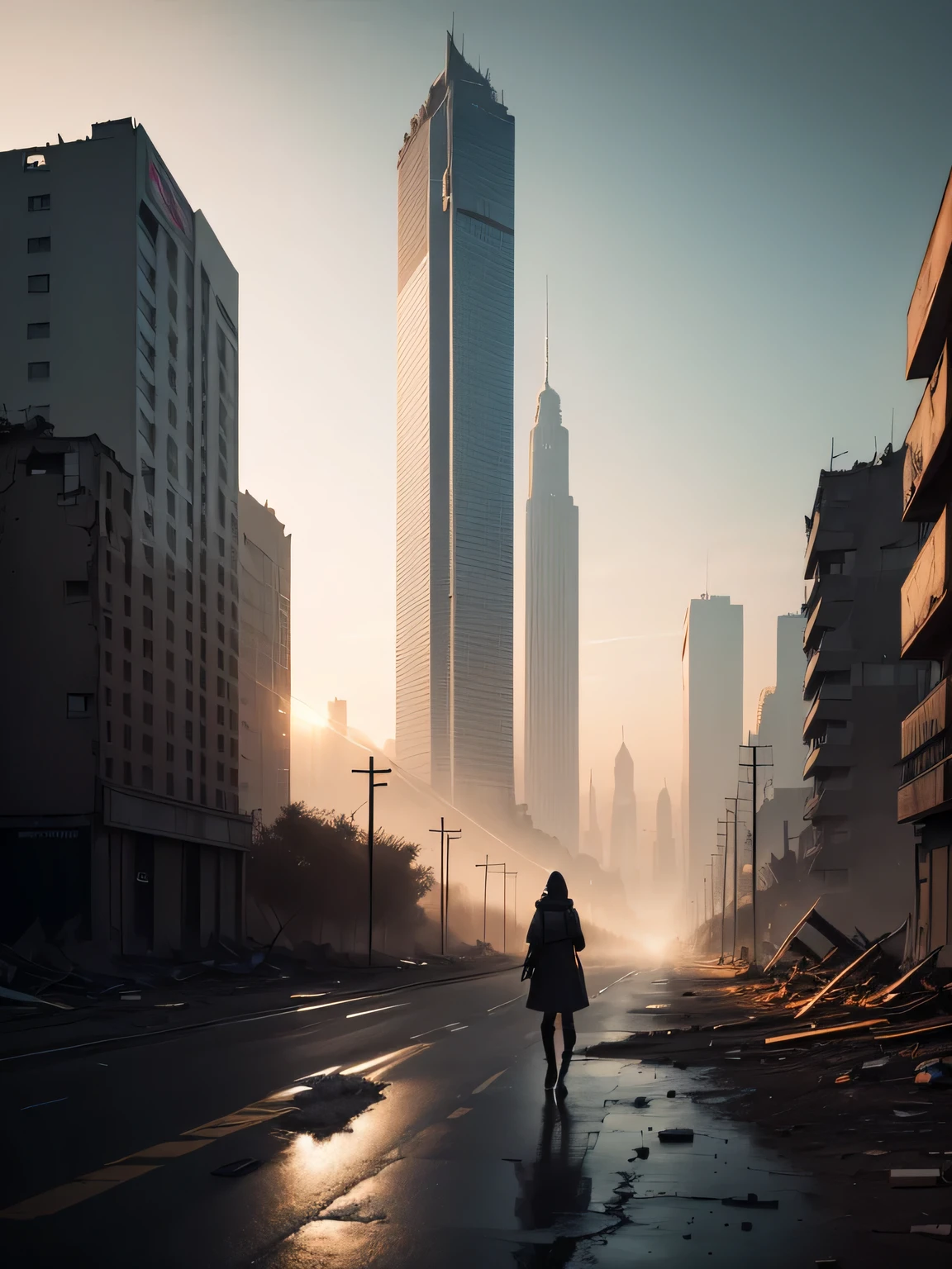 night post-apocalyptic landscape, Cidade dos Fantasmas , a woman with torn clothes on a post-apocalyptic journey in a dark environment walking through the deserted streets in the center of a ruined city, There are tall buildings in ruins and collapsed, There are tall buildings on the horizon, a cidade se estende para o horizonte, sem luzes, Escuro, entulhos nas tuas, carros em chamas, ambiente cinzento, neblina cinzenta, gray dark sky, noite, as detailed as possible, as realistic as possible