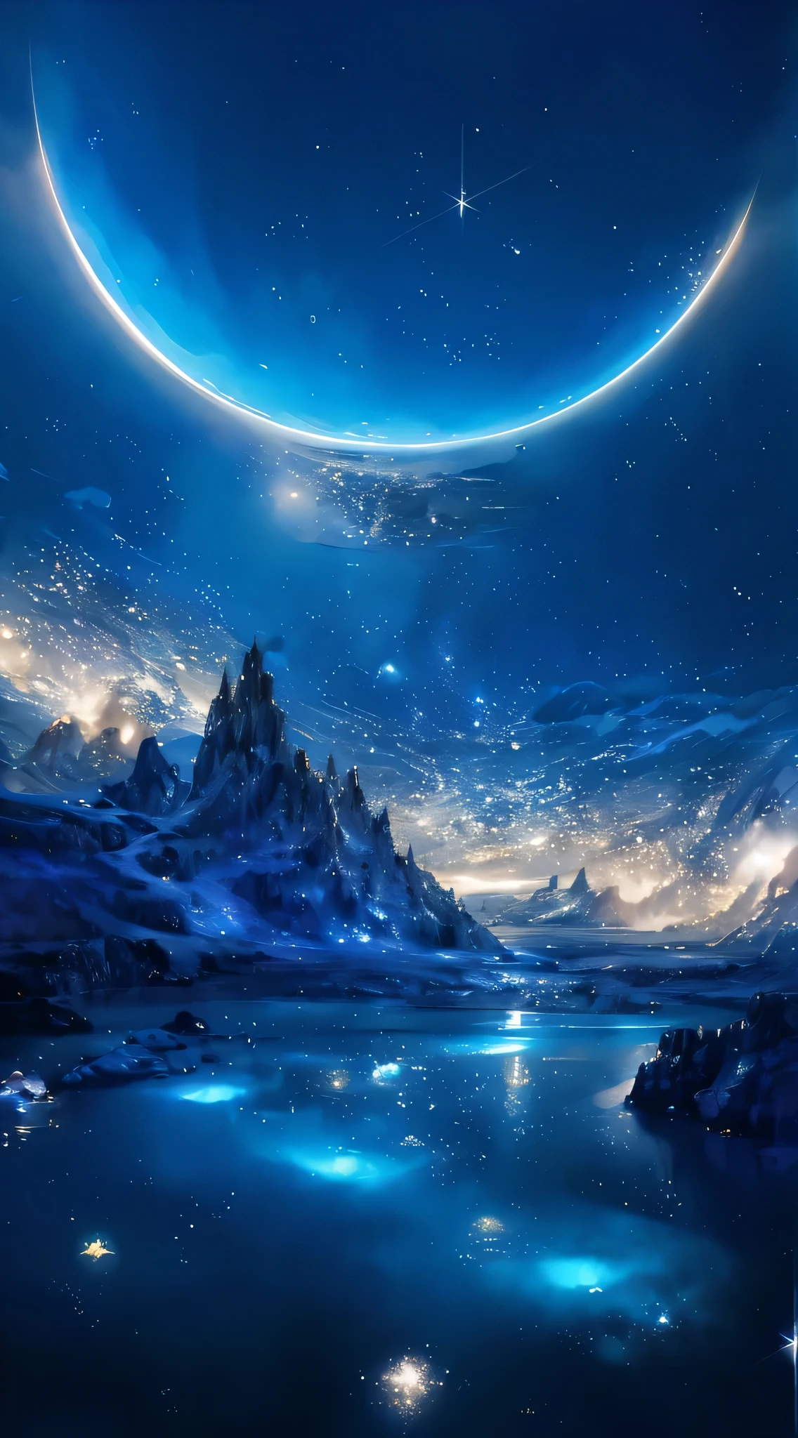 Lake view with moon and stars in the sky, magnificent background, impressive fantasy landscape, Breathtaking landscapes of aliens, Beautiful alien scenery, fantasy space, In the astral plane ) ) ), Beautiful space, awesome alien scenery, magical scenery, detailed dreamscape, Fantasy Planet, Really beautiful fantasy art, wide angle fantasy art, Breathtaking fantasy art, Beautiful and detailed fantasy