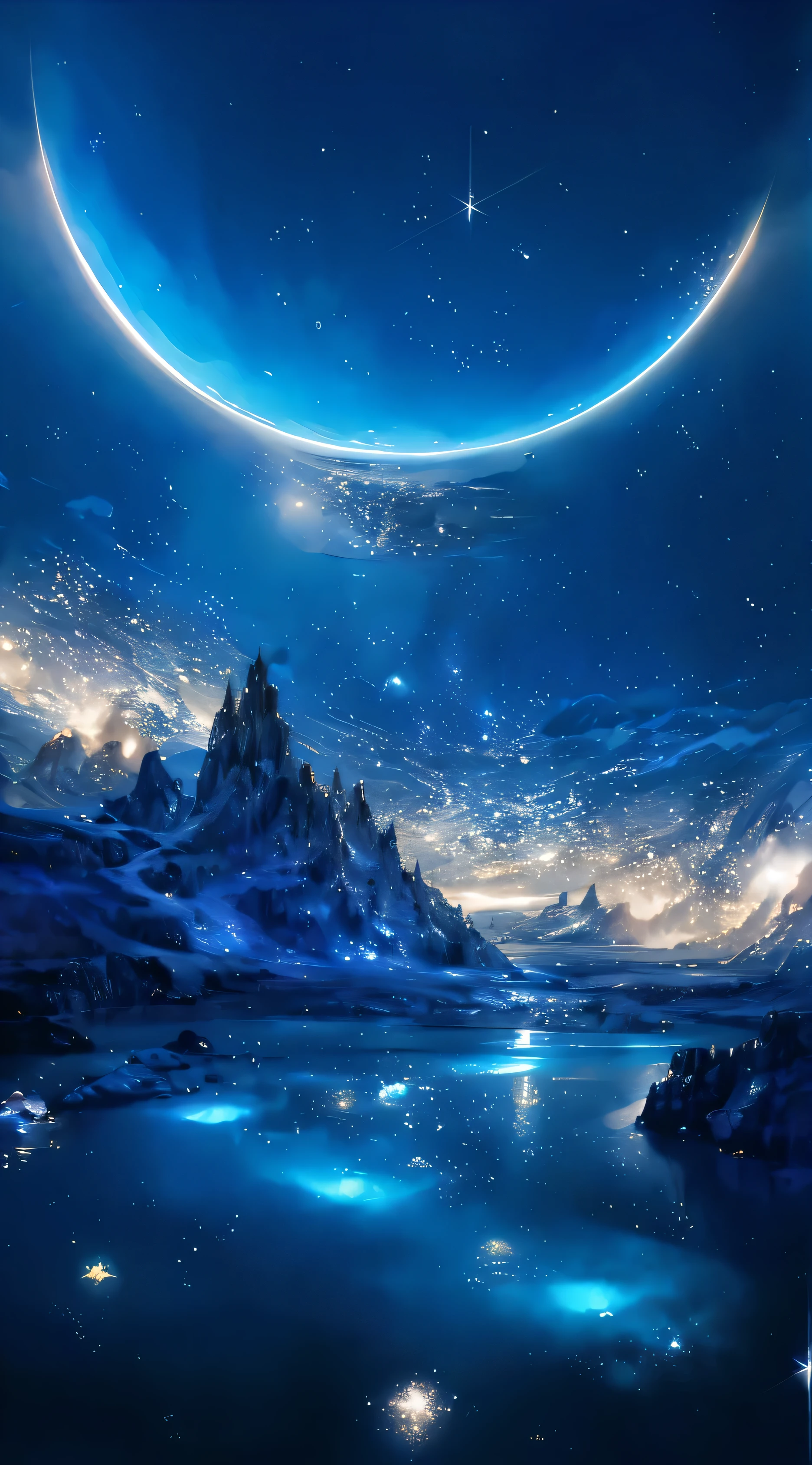 Lake view with moon and stars in the sky, magnificent background, impressive fantasy landscape, Breathtaking landscapes of aliens, Beautiful alien scenery, fantasy space, In the astral plane ) ) ), Beautiful space, awesome alien scenery, magical scenery, detailed dreamscape, Fantasy Planet, Really beautiful fantasy art, wide angle fantasy art, Breathtaking fantasy art, Beautiful and delicate fantasy