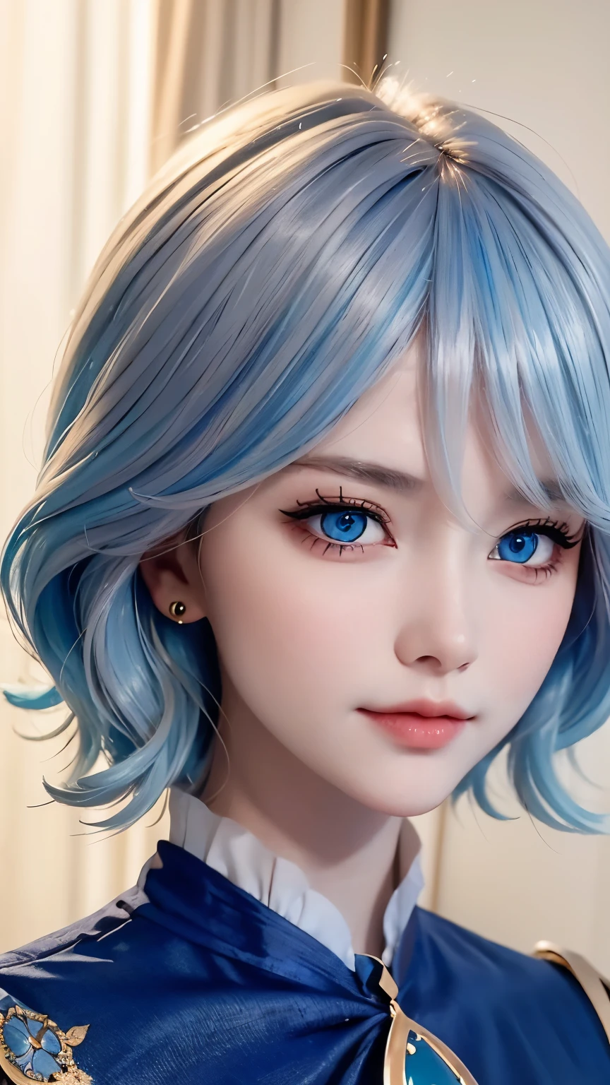 (lifelike:1.4), best quality, masterpiece, ultra high resolution, 1 girl, (Detailed face:1.2), (Delicate blue eyes:1.2), (Detailed blue hair:1.2), (Detailed clothes:1.2), 4K, (detailed color:1.2), Sky, cloud, earrings, facing right,