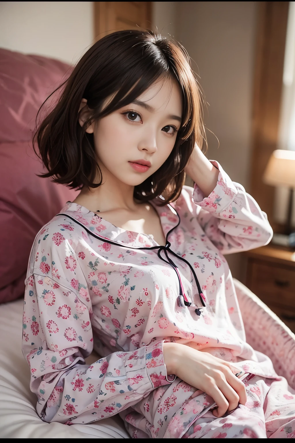 cute 21 year old japanese、night、on the bed、sweat pajamas、Cute colorful pajamas、super detailed face、eye for details、double eyelid、beautiful thin nose、sharp focus:1.2、beauty:1.4、(light brown hair、short cut hair、white skin、highest quality、masterpiece、ultra high resolution、(Photoreal:1.4)、