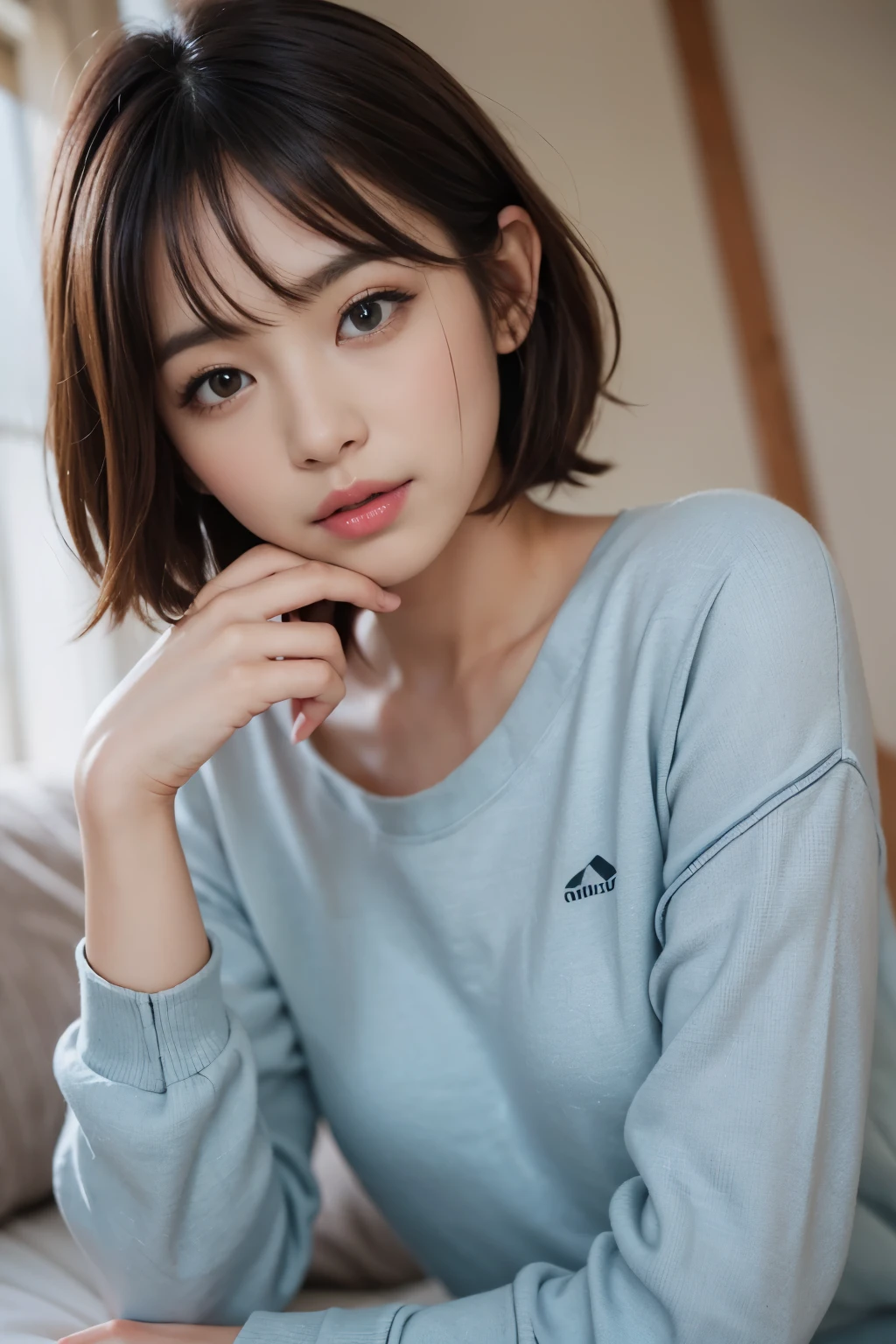 cute 21 year old japanese、night、on the bed、nice pajamas、Cute colorful pajamas、super detailed face、eye for details、double eyelid、beautiful thin nose、sharp focus:1.2、beauty:1.4、(light brown hair、short cut hair、white skin、highest quality、masterpiece、ultra high resolution、(Photoreal:1.4)、