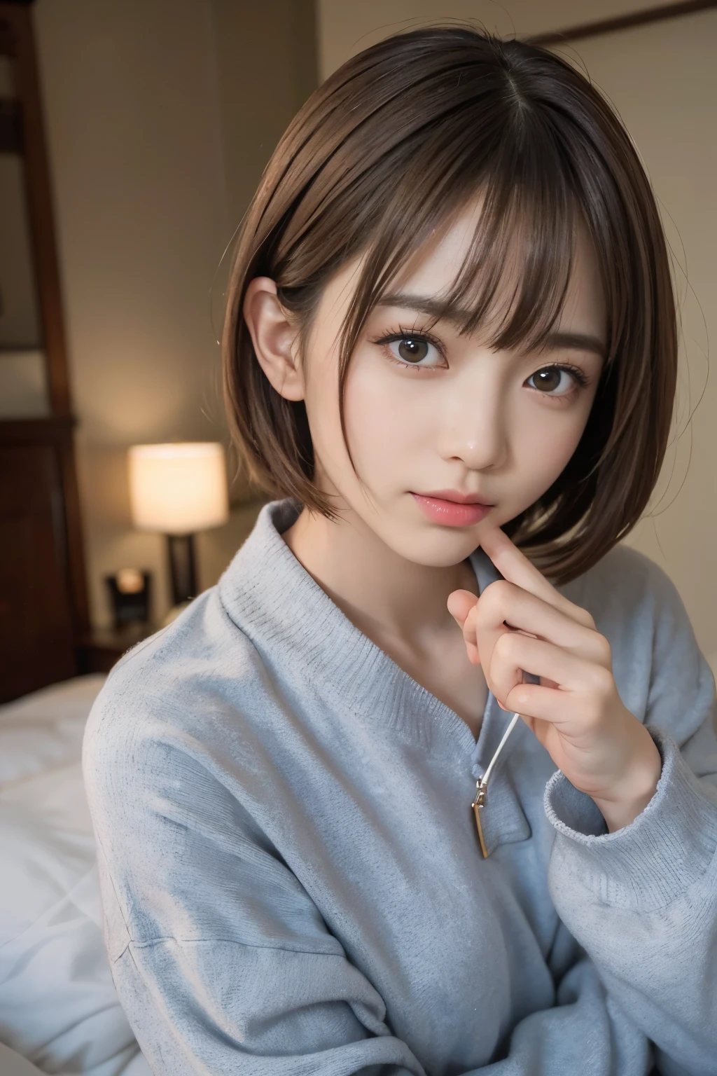 cute 21 year old japanese、night、on the bed、nice pajamas、Cute colorful pajamas、super detailed face、eye for details、double eyelid、beautiful thin nose、sharp focus:1.2、beauty:1.4、(light brown hair、short cut hair、white skin、highest quality、masterpiece、ultra high resolution、(Photoreal:1.4)、