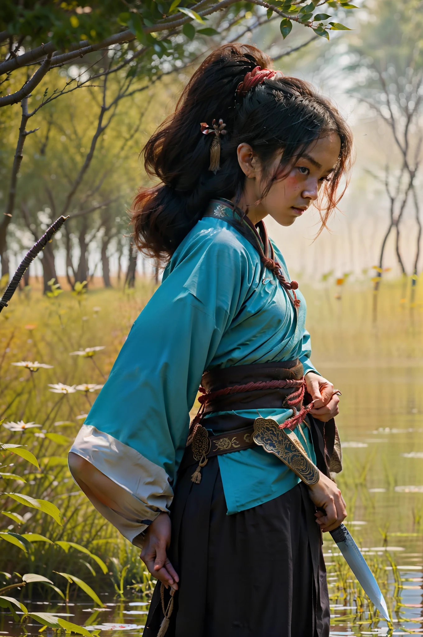 Hanfu，Wandering swordsman，Seedling knife，Short beard，sunset，lake surface，Light and shadow are stronger，Chinese，Half sideways，Upper body，flowing hair