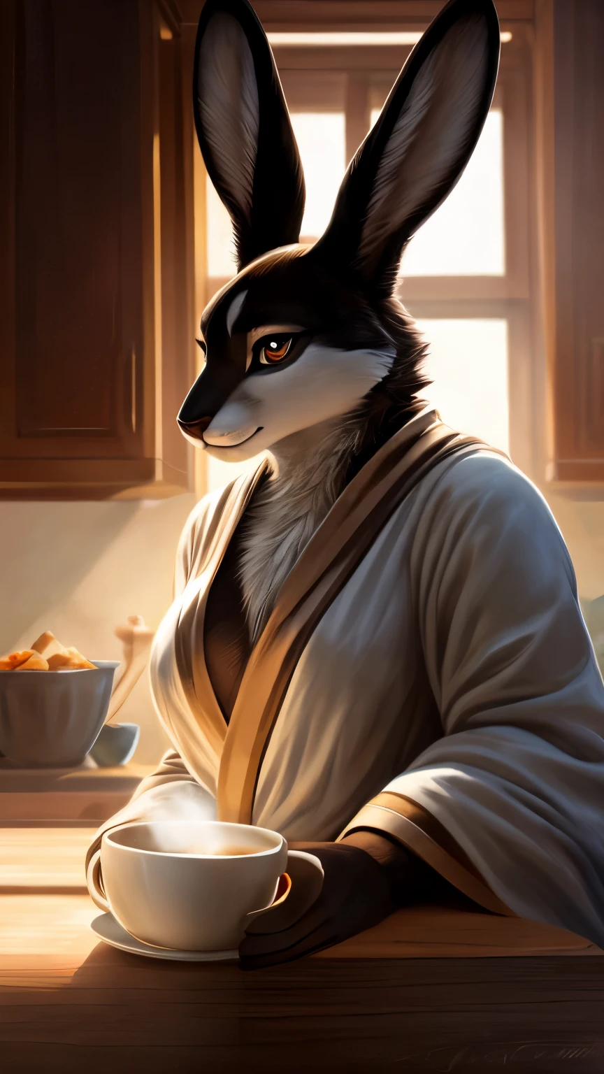 solo anthro, portrait, big momma, black white bunny, Furry Fantasy Art, Anthro Art, Furry Art, POV furry Art, masterpiece 1.21, best quality, detailed image, bright colors, detailed face, perfect lighting, perfect shadows, perfect hazel eyes, black pupils, female focus, flawless face, gorgeous body, shiny body, center focus, full body, detailed fur, balanced coloring, global illumination, black and white body fur, drinking coffee, three-quarter view, in the kitchen, wearing a robe,