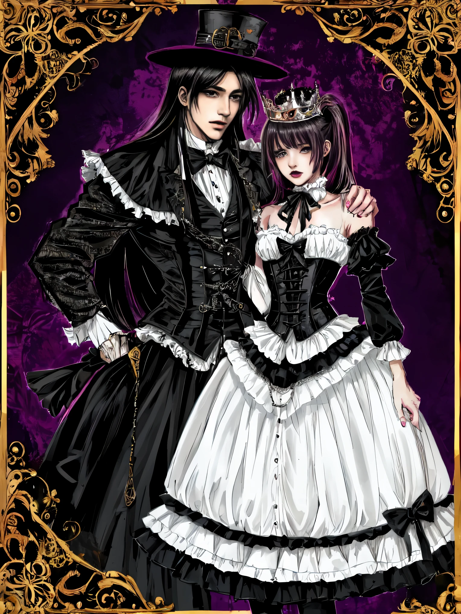 The male figure, dons an intricate visual kei gothic ta ensemble,gothic makeup, a striking blend of elegance and rebellion. His outfit features a decadent mix of lace, corsets, and elaborate accessories, A Victorian-inspired top hat crowns his head, adorned with ornate embellishments. Dark, flowing locks cascade over his shoulders, adding a touch of mystery. Heavy eyeliner accentuates his eyes, completing the avant-garde look. This male embodiment of visual kei gothic lolixudes an aura of theatrical decadence, challenging traditional fashion norms with a captivating androgynous charm.,abmhandsomeguy,goth person