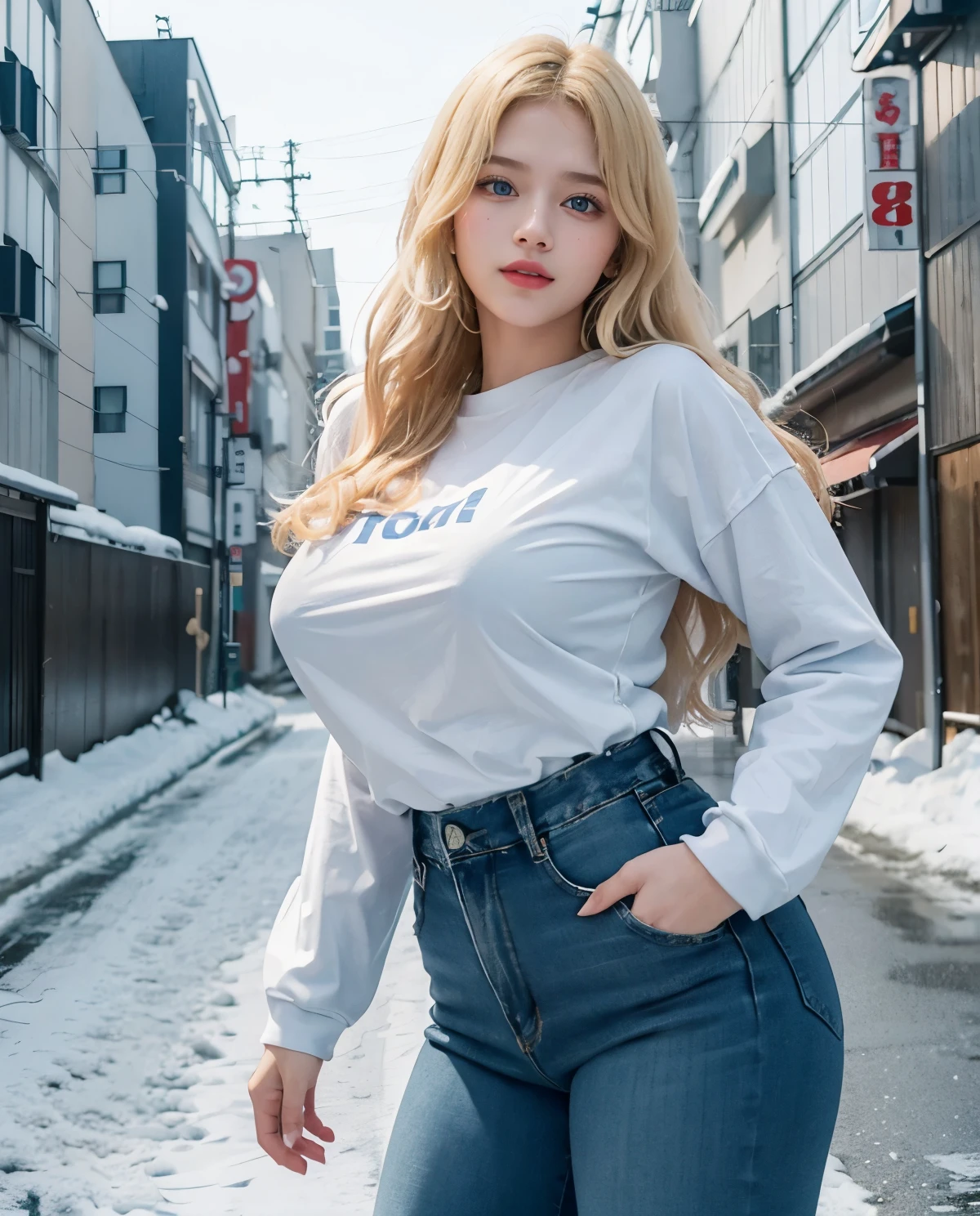 1girl, (Blue Eyes), smiling, (Sana Minatozaki), wide hips, Big , big ass, (Best Quality, 8k, Masterpiece: 1.3), Clear Focus: 1.2, Perfect Body Beauty: 1.4, Highly detailed face and skin texture, detailed eyes, double eyelids, (blonde long hair), (tight black long sleeve t-shirt), (jeans), posing for a photo, in a snowy Tokyo neighborhood, snow, Cold weather