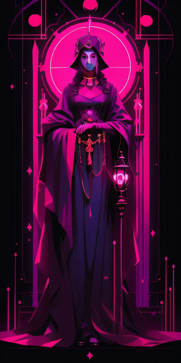 a woman in a purple robe sitting on a throne with a lantern, jen bartel, dark cyberpunk illustration, priestess, dark art style, dan mumford tom bagshaw, by Victor Mosquera, cyberpunk art nouveau, kilian eng vibrant colors, cyberpunk art style, high priestess, dark illustration, arcane art style, goddess of death