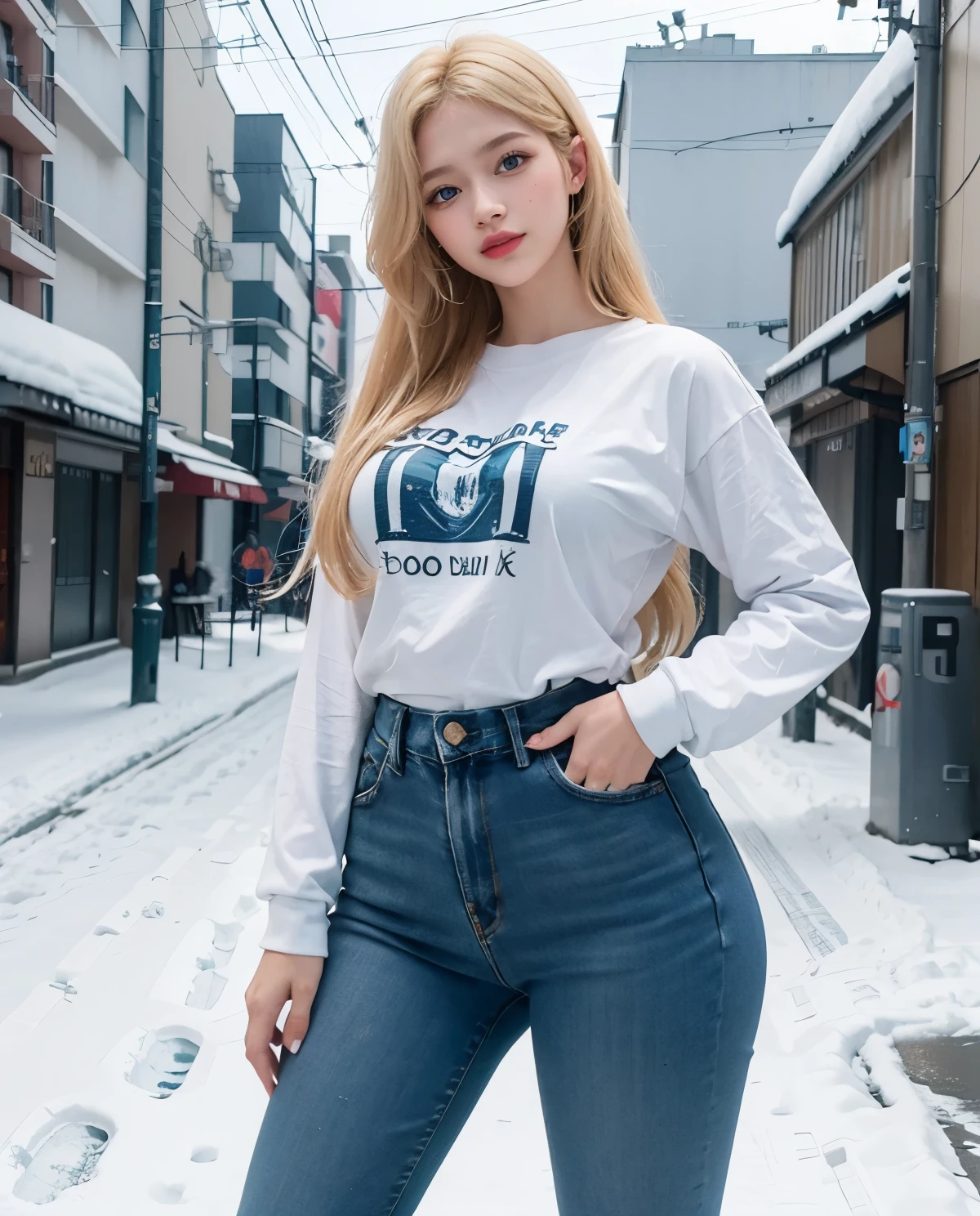 1girl, (Blue Eyes), smiling, (Sana Minatozaki), wide hips, Big , big ass, (Best Quality, 8k, Masterpiece: 1.3), Clear Focus: 1.2, Perfect Body Beauty: 1.4, Highly detailed face and skin texture, detailed eyes, double eyelids, (blonde long hair), (tight black long sleeve t-shirt), (jeans), posing for a photo, in a snowy Tokyo neighborhood, snow, Cold weather