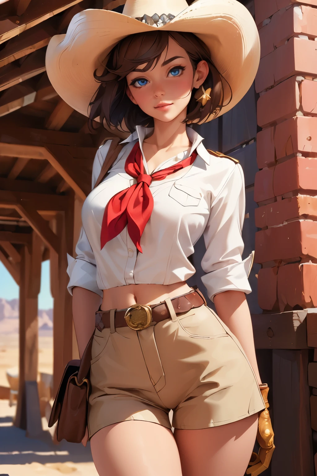 (((((solo))))),(((((masterpiece))))), (((((best quality))))),(((((highly detailed))))), finely detailed, Depth of field,detailed clothes, highres,
1girl, bangs, (beautiful detailed face:1.3), collarbone, collared shirt, ((white shirt)), buttons open to show cleavage, show belly, blue eyes, golden hair, cleavage, ((cowboy)), (cowboy hat:1.3), short gloves. fingerless gloves, hat, medium breasts, navel, neckerchief, red neckerchief, short hair, short shorts, shorts, healthy thighs, gun belt ,cowboy western, sunny desert background, thigh gap