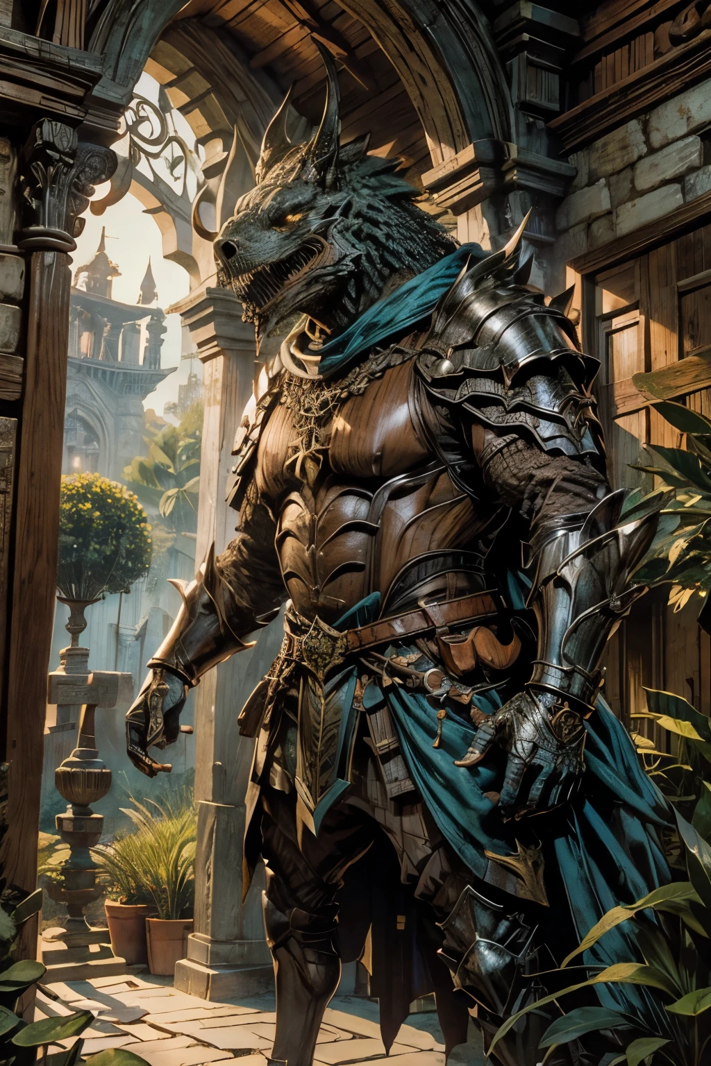 Inspiration Shiryu dragon rider, Knights of the Zodiac, Personagem de RPG, fantasia medieval, fechar retrato, Armadura preta, castelo de fundo