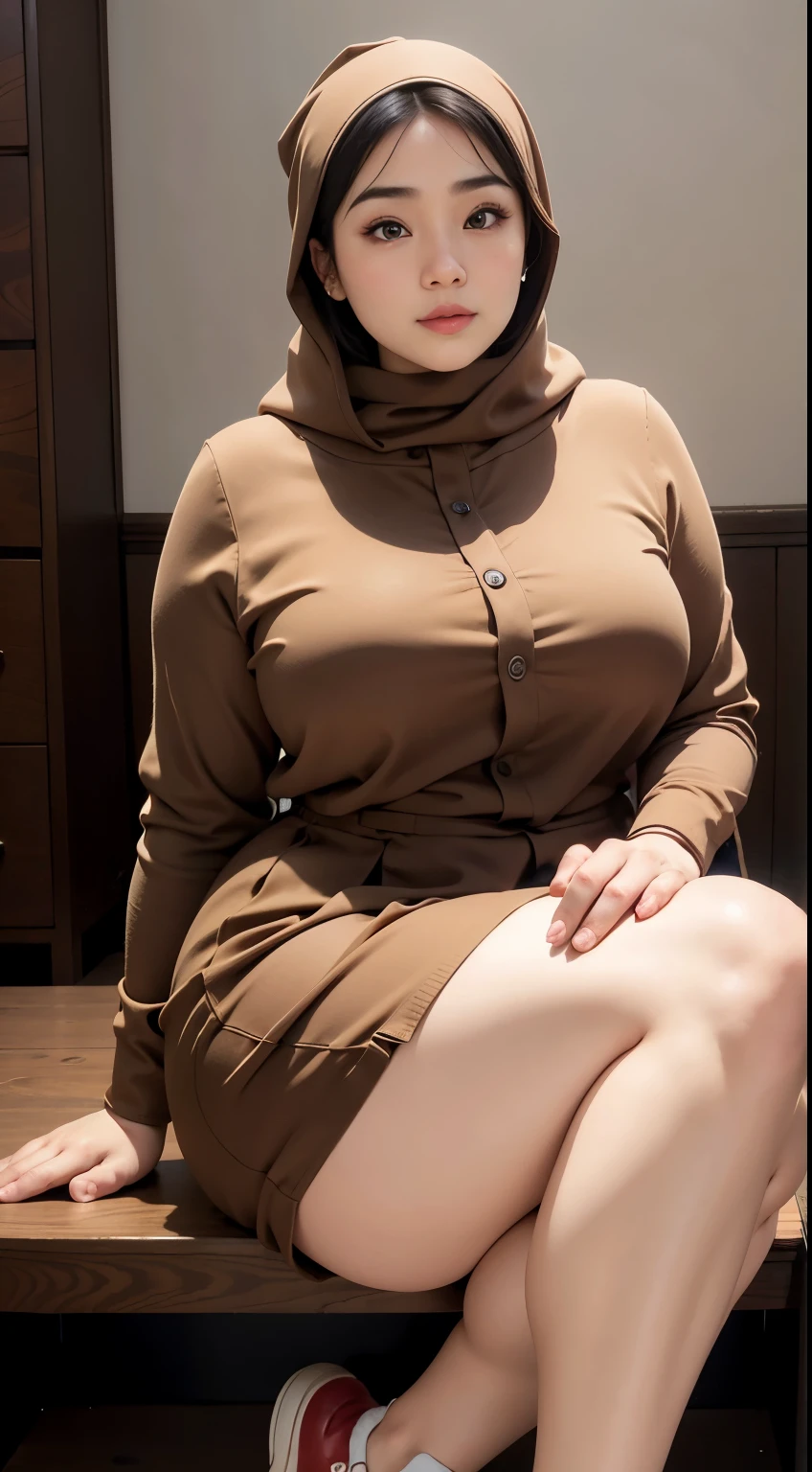 there is a woman sitting down with a longest brown hijab, bbwchan, thicc, brown hijab outfit, brown hijab fashion model, korean girl, korean woman, wearing brown robe, full length shot, alluring plus sized model, japanese goddess, clothed in hooded, voluptuous and arousing, portrait shot, curvy model, voluptuous body, wonderful, nene tanaka body , bbwchan, The overall atmosphere is smooth , haunting illustrations, extremely high-resolution details, photographic, realism pushed to extreme, fine texture, 4k, ultra-detailed, high quality, high contrast, red sneakers 