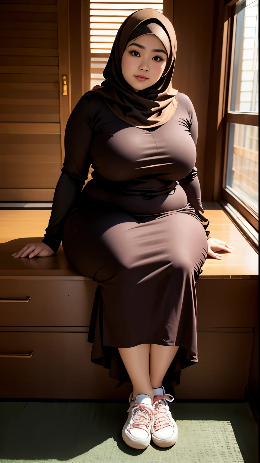 there is a woman sitting down with a longest brown hijab, bbwchan, thicc, brown hijab outfit, brown hijab fashion model, korean girl, korean woman, wearing brown robe, full length shot, alluring plus sized model, japanese goddess, clothed in hooded, voluptuous and arousing, portrait shot, curvy model, voluptuous body, wonderful, nene tanaka body , bbwchan, The overall atmosphere is smooth , haunting illustrations, extremely high-resolution details, photographic, realism pushed to extreme, fine texture, 4k, ultra-detailed, high quality, high contrast, red sneakers