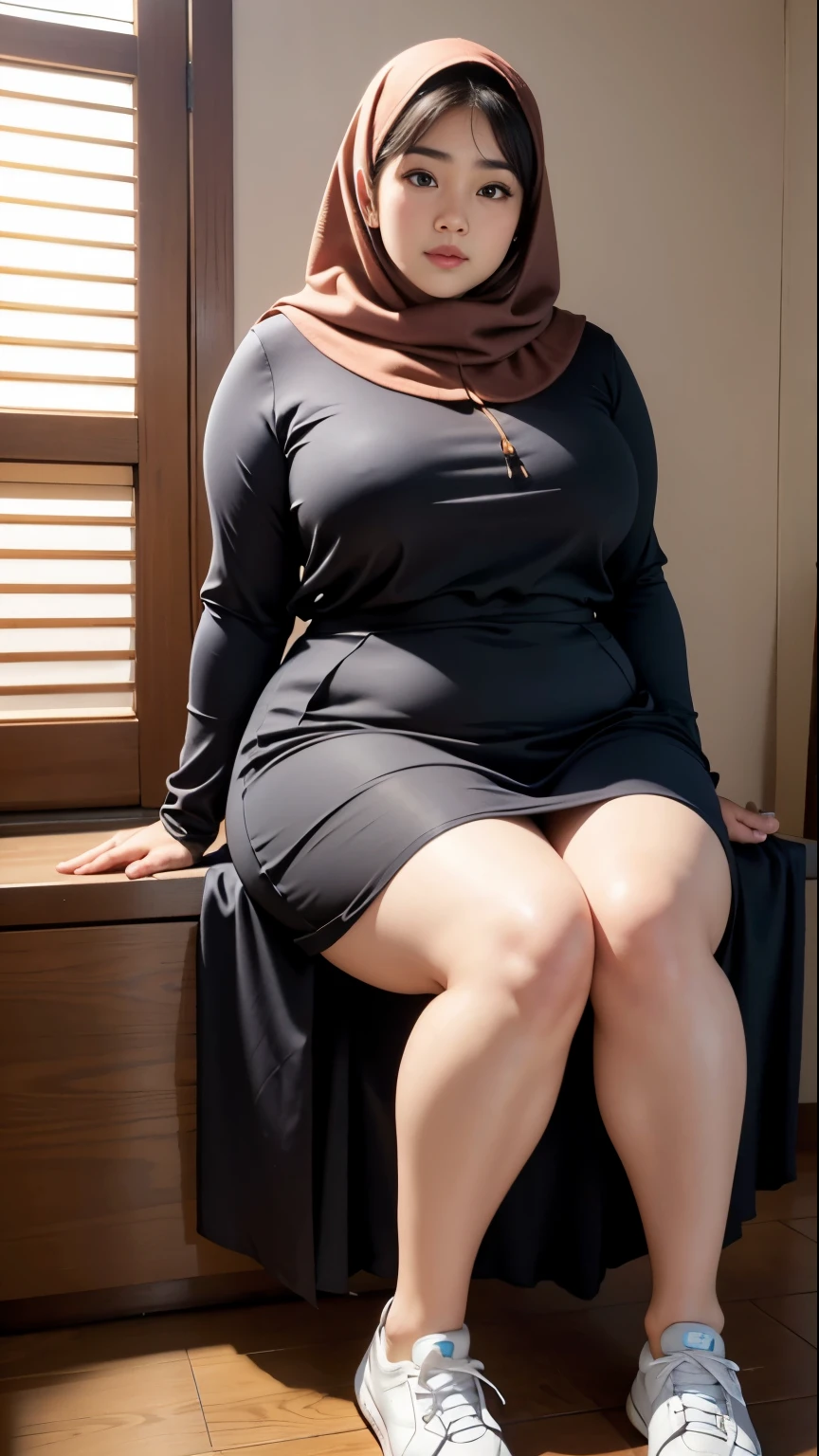 there is a woman sitting down with a brown hijab, bbwchan, thicc, brown hijab outfit, brown hijab fashion model, korean girl, korean woman, wearing brown robe, full length shot, alluring plus sized model, japanese goddess, clothed in hooded, voluptuous and arousing, portrait shot, curvy model, voluptuous body, wonderful, nene tanaka body , bbwchan, The overall atmosphere is smooth , haunting illustrations, extremely high-resolution details, photographic, realism pushed to extreme, fine texture, 4k, ultra-detailed, high quality, high contrast, red sneakers 