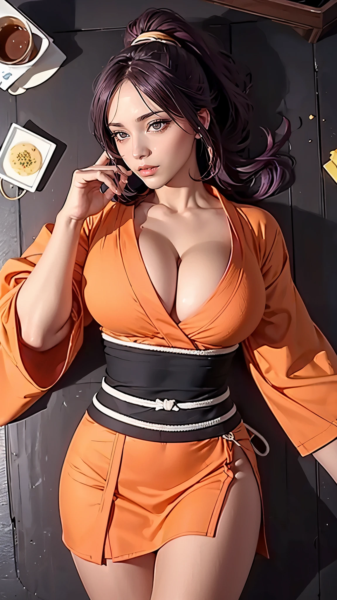 （（（完美figure，figure，xuer martial arts，Orange kimono，Orange kimono，Black undershirt，（（（shihouin yoruichi，Golden pupil，1girl，dark-skinned female，solo，ponytail，long purple hair ））），（（（wide hips））），S型figure:1.7））），((masterpiece)),high resolution, ((Best quality at best))，masterpiece，quality，Best quality，（（（ Exquisite facial features，looking at the audience,There is light in the eyes，blush，shy，open mouth））），（（（Light and shadow interlace，huge ））），（（（looking into camera，lie on the floor，from above，looking down，open hands，Kurotsuchi）））