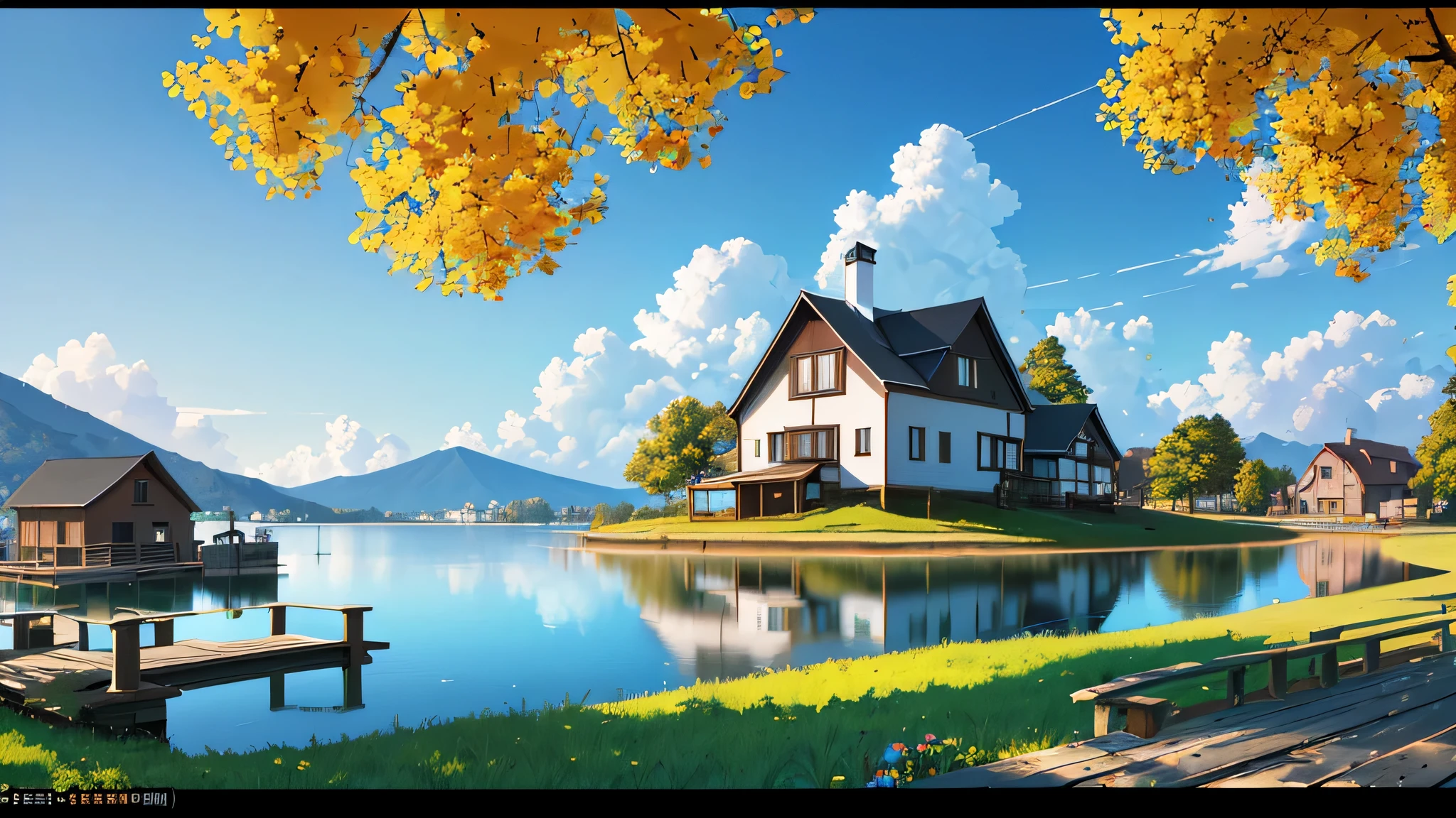 lake scene with a house by the lake . with sunshine. 8k photography, ultra HD, sharp. Canon EOS 5D Mark IV + Canon EF F1. 4L lens and showcasing the natural colors --ar 16:7 --q 2 --c 1 --v 5.1