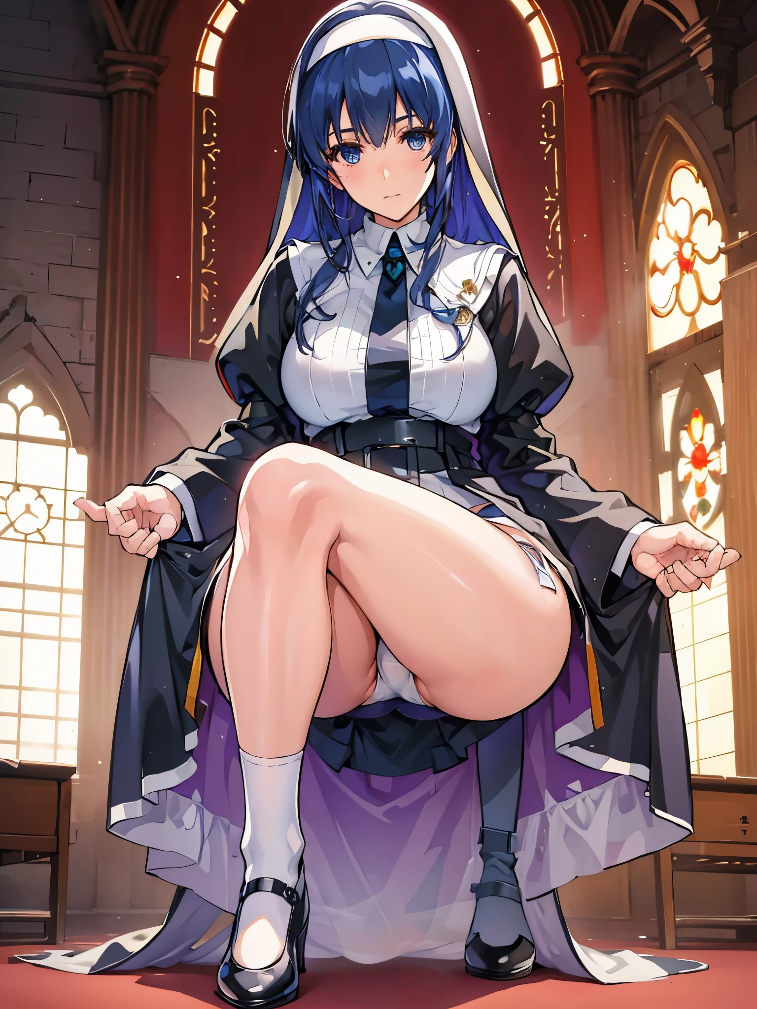(best quality, In 4K, 8K, High resolution, muste piece:1.2),Super detailed, (Reality, photorealistic, photorealistic:1.37),30 years old woman,ripe woman,Mature woman,,muster piece, Top quality, Ultra-fine,maximum resolution, Extremely detailed, sexy,beautiful eyes,(black nun Outfit,nun,thigh high socks,large breasts,groin focus,white panties,spread legs)),thong,braided hair,Seductive thighs,Cord,blue hair,cowboy shot,in church,Squatting,one knee