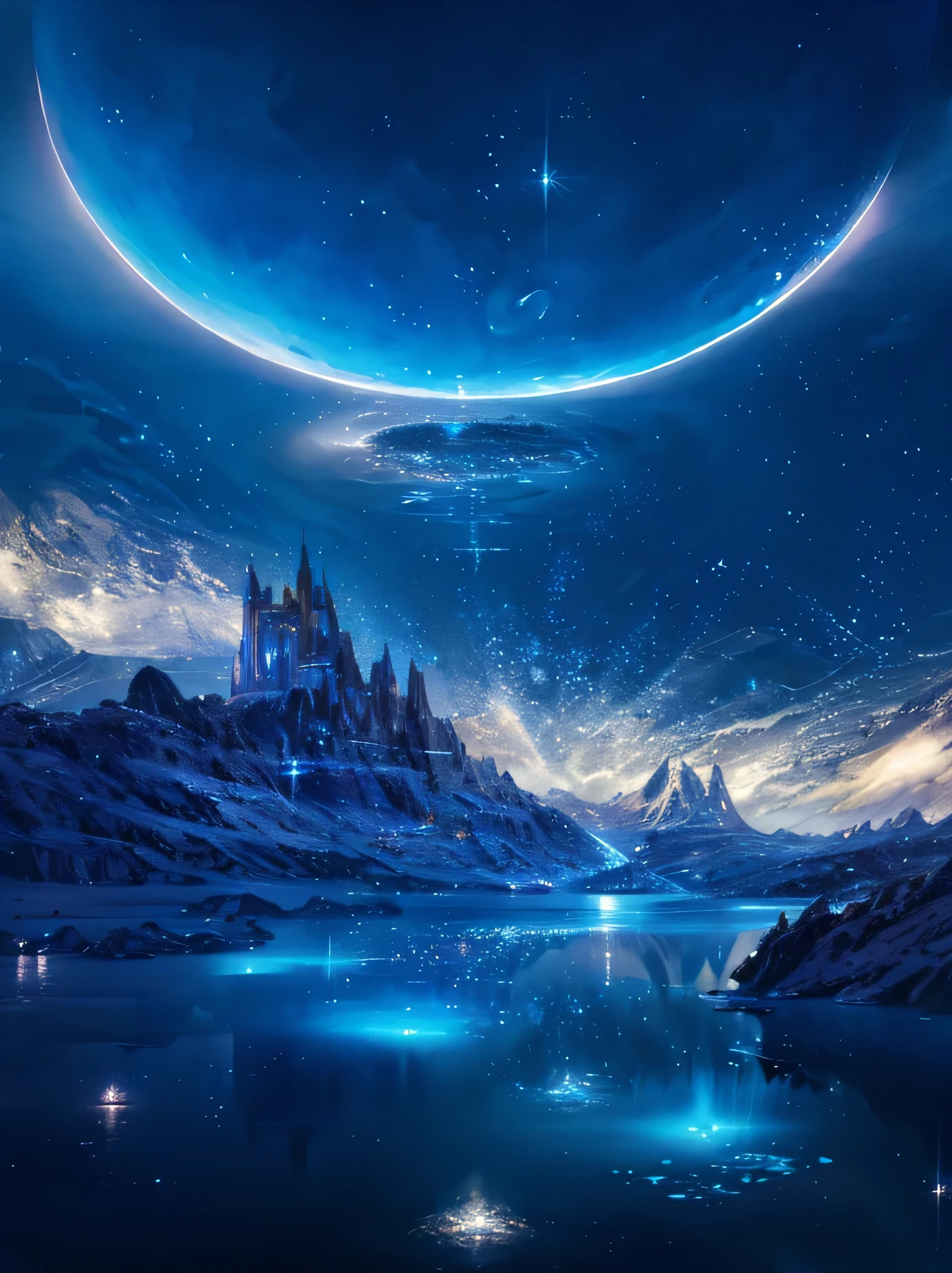 Lake view with moon and stars in the sky, magnificent background, impressive fantasy landscape, Breathtaking landscapes of aliens, Beautiful alien scenery, fantasy space, In the astral plane ) ) ), Beautiful space, awesome alien scenery, magical scenery, detailed dreamscape, Fantasy Planet, Really beautiful fantasy art, wide angle fantasy art, Breathtaking fantasy art, Beautifully detailed fantasy