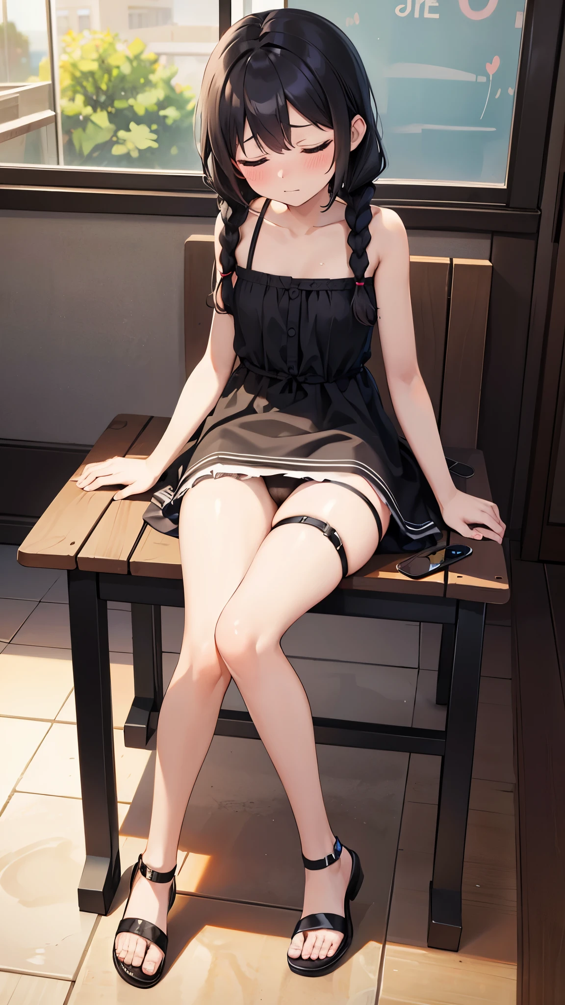 Girl sitting on a chair in a café
masterpiece , best quality,high resolution,1girls,nsfw,(solo)
(twin braids:1.1),black hair,slim body,
(blue,gingham,sundress),
BREAK,black panties,side tie panties,sandals,
((embarrassed)),look down,closed eyes,sitting,
cafe,table,chair,juice,remote_play, remote_vibrating, vibrator_on_hand,1dildo, underwear, dildo under panties, dildo under clothes, dildo in pussy,