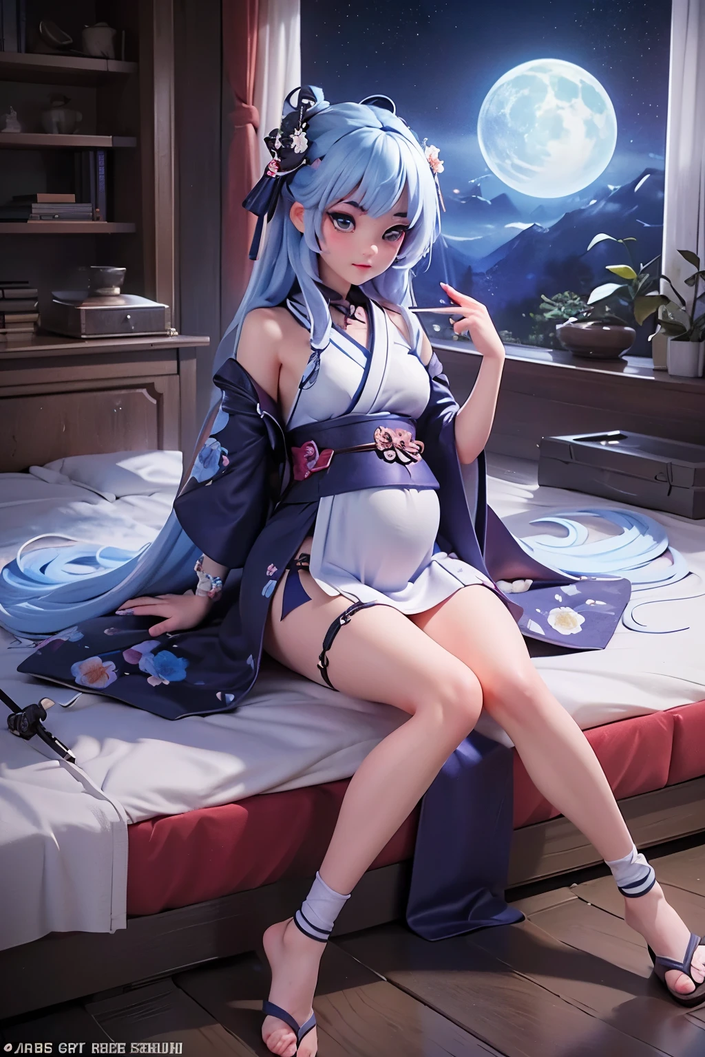 ((best quality)), ((masterpiece)), ( extreme detailed, highest detailed, official art, beautiful and aesthetic:1.2), beautiful face, solo, perfect body, full body cute blue floral girl of samurai sword, in the style of dark fantasy creatures, nightcore, mesmerizing colorscapes, changelingcore, 8k resolution, japanese prints, nature painter, pregnant