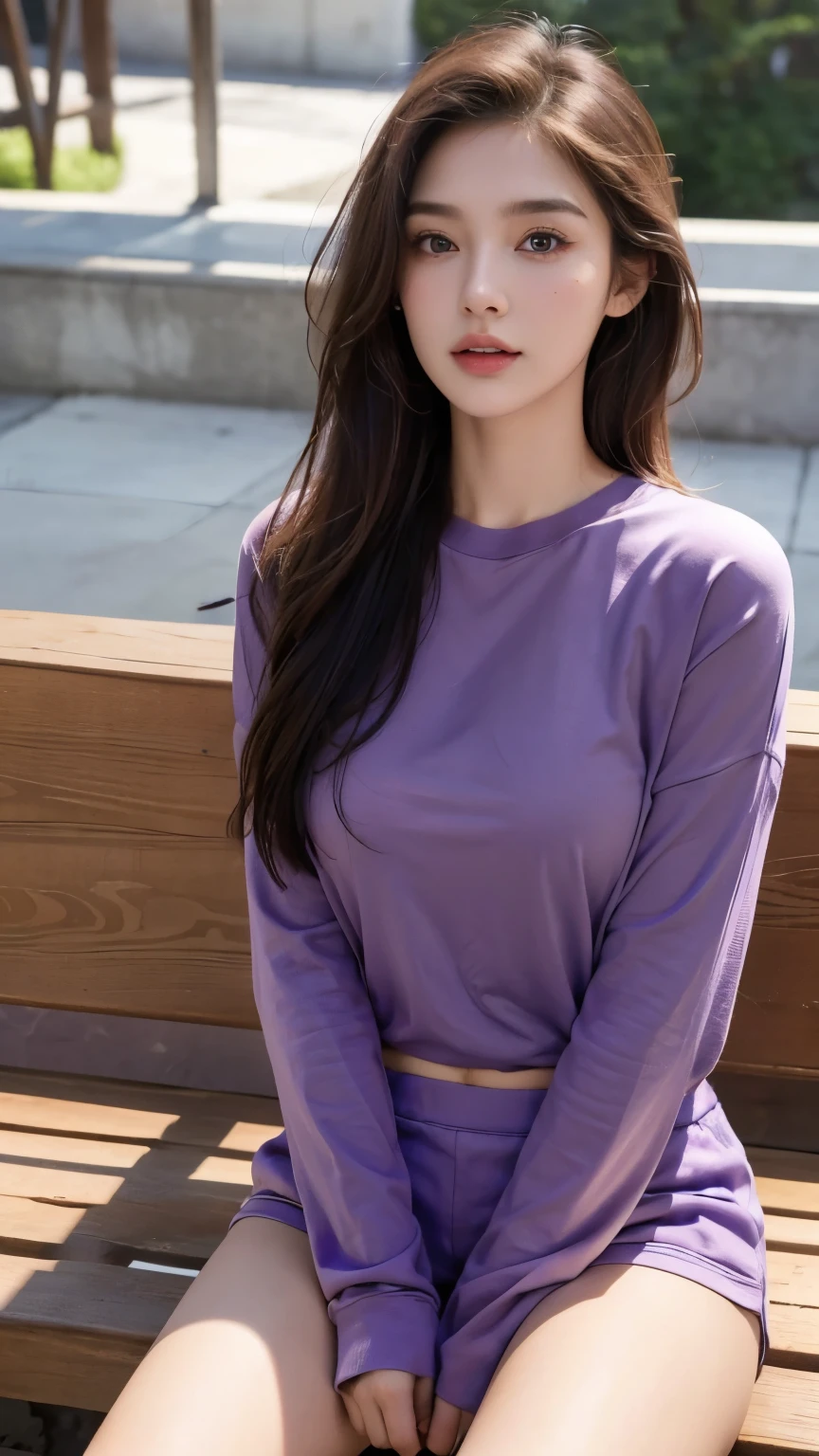 individual,young girl,23 years old, ((winter clothes)),fine hair, Detailed faces, full的身材,long hair,full, Short hair details, sit down,purple, sweat shorts, Camisoles,Look up, There is a beauty mole